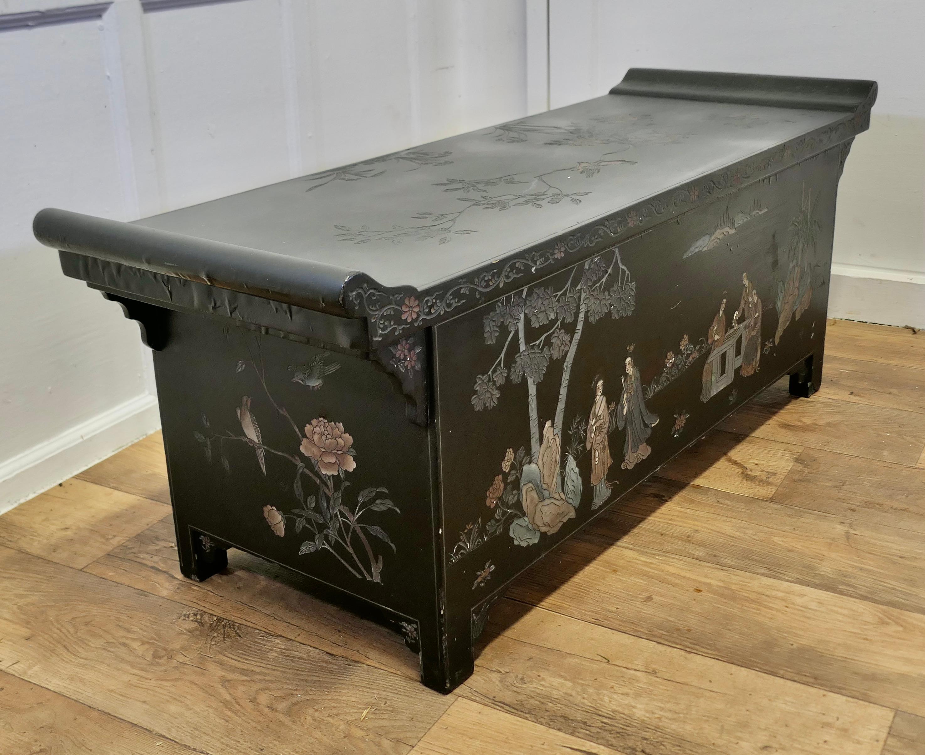 Black Lacquer Chinoiserie Low Cabinet, Coffee Table    For Sale 6