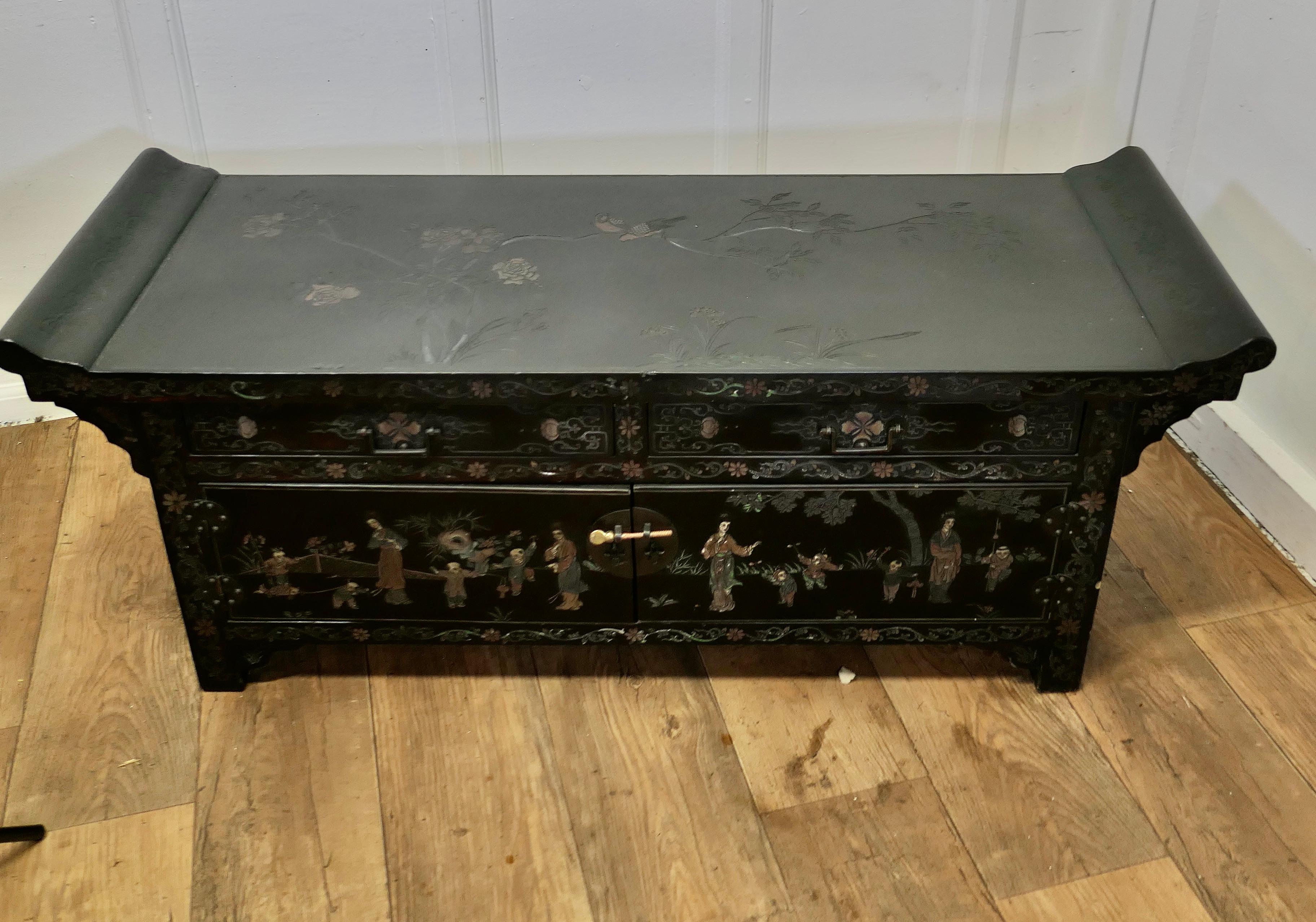 Early 20th Century Black Lacquer Chinoiserie Low Cabinet, Coffee Table    For Sale