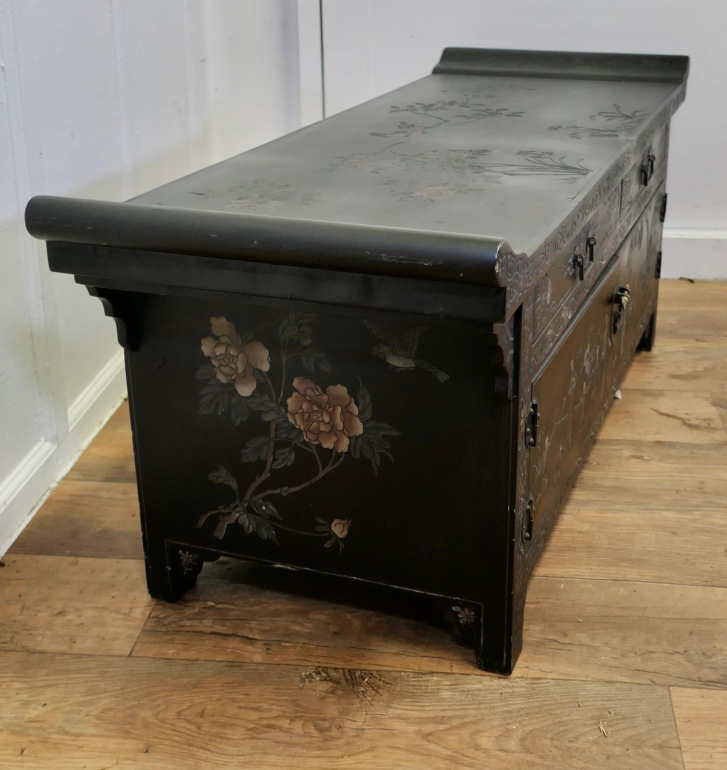 Black Lacquer Chinoiserie Low Cabinet, Coffee Table    For Sale 1
