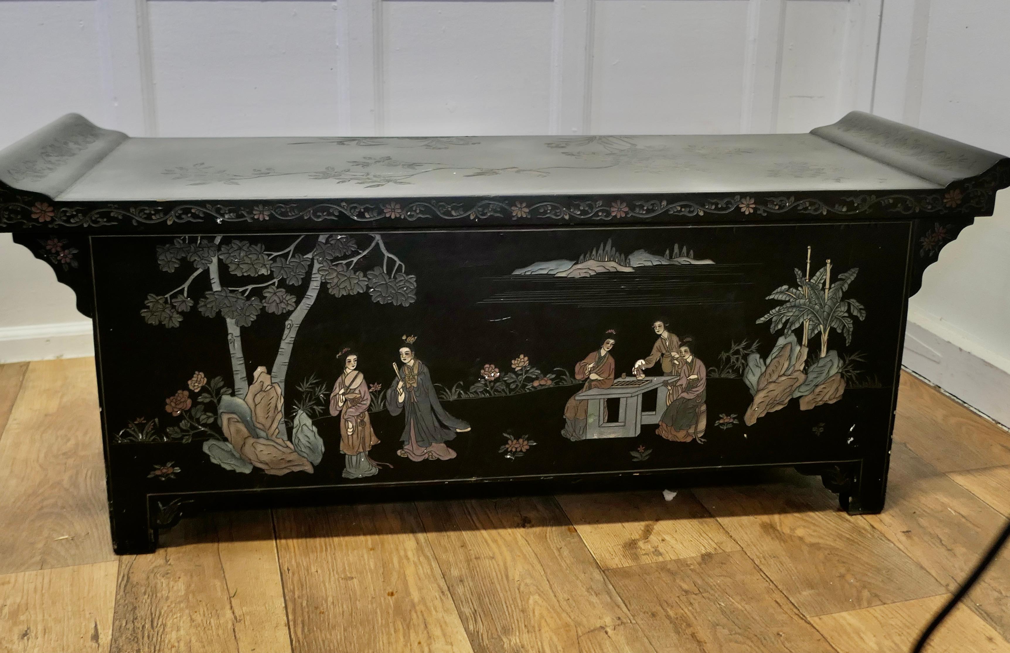 Black Lacquer Chinoiserie Low Cabinet, Coffee Table    For Sale 4