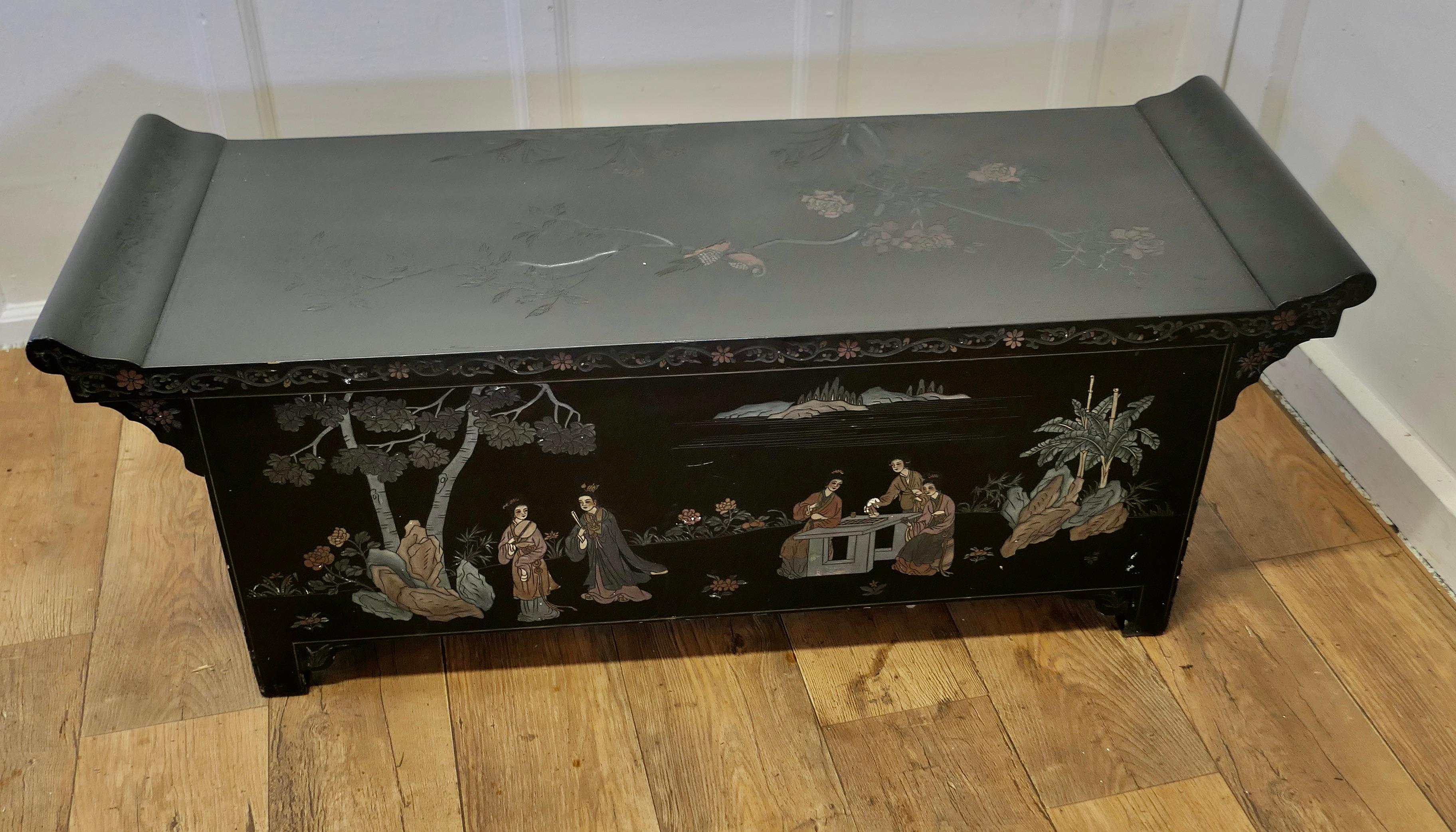 Black Lacquer Chinoiserie Low Cabinet, Coffee Table    For Sale 5