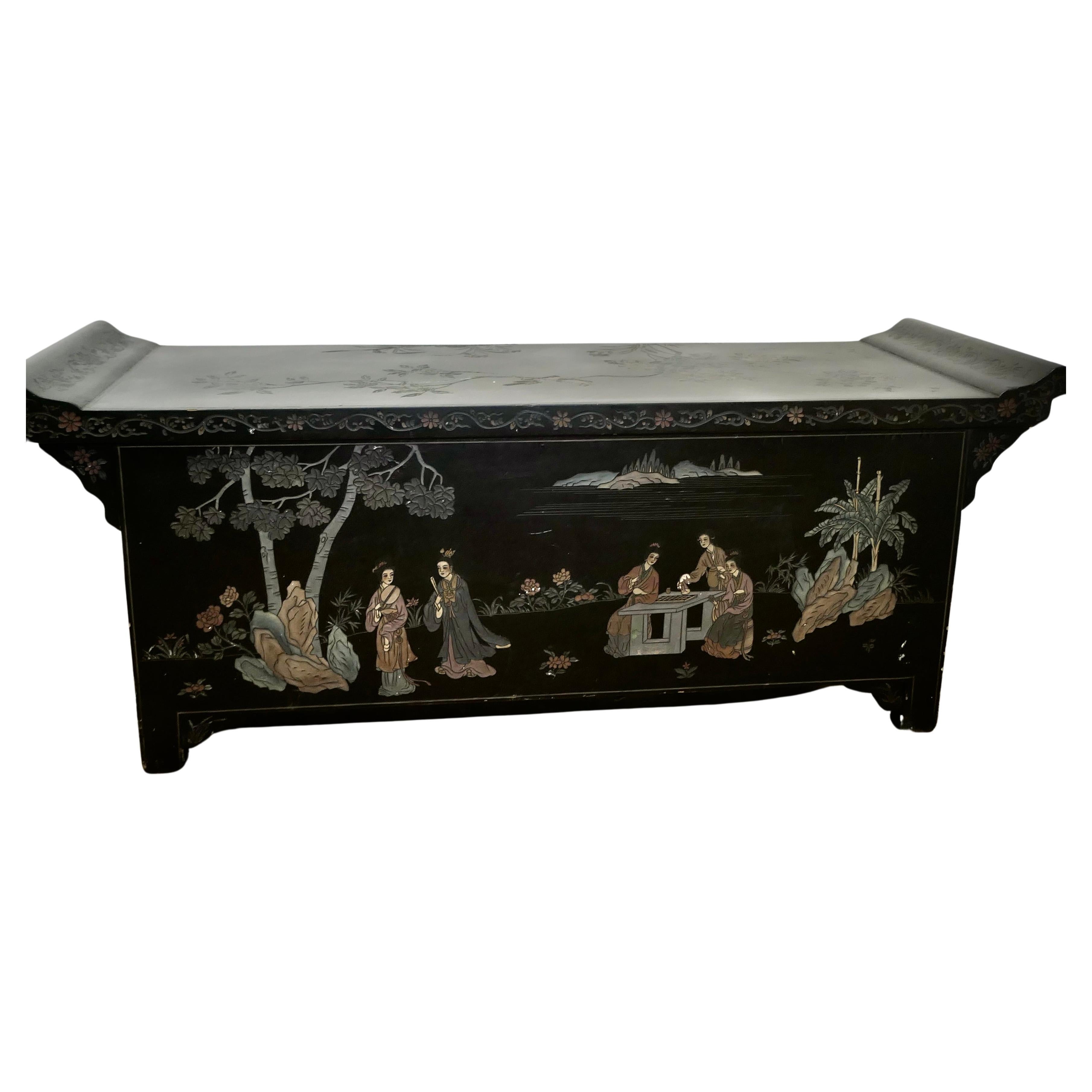 Black Lacquer Chinoiserie Low Cabinet, Coffee Table    For Sale