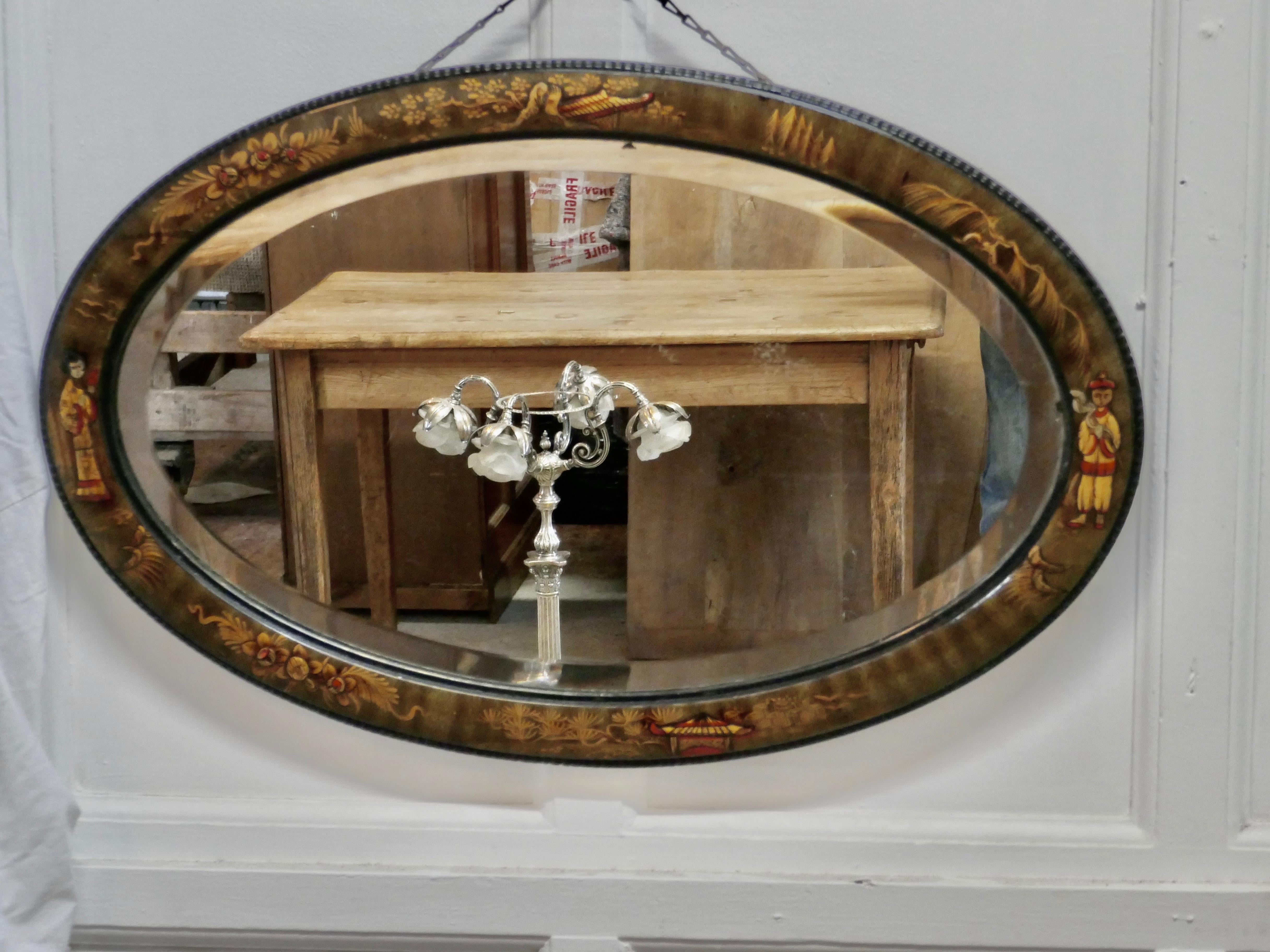 Black lacquer chinoiserie oval wall mirror

This oval shaped mirror has delightful embossed chinoiserie decoration on a black background 
The Mirror is in good sound condition
It has a 2” wide frame and is 31” wide, 20” high and 1” deep
TND131.