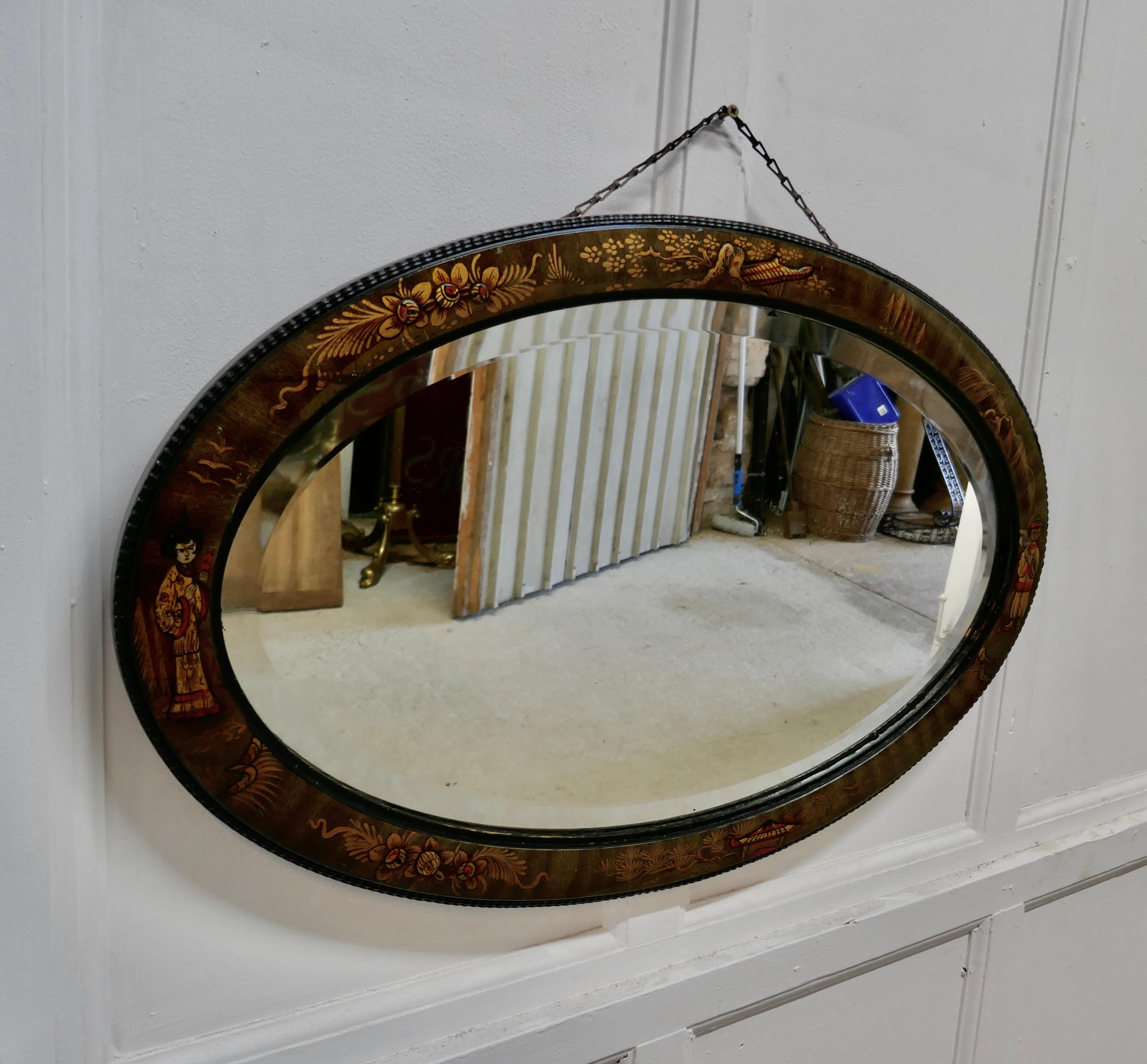 Black Lacquer Chinoiserie Oval Wall Mirror For Sale 1