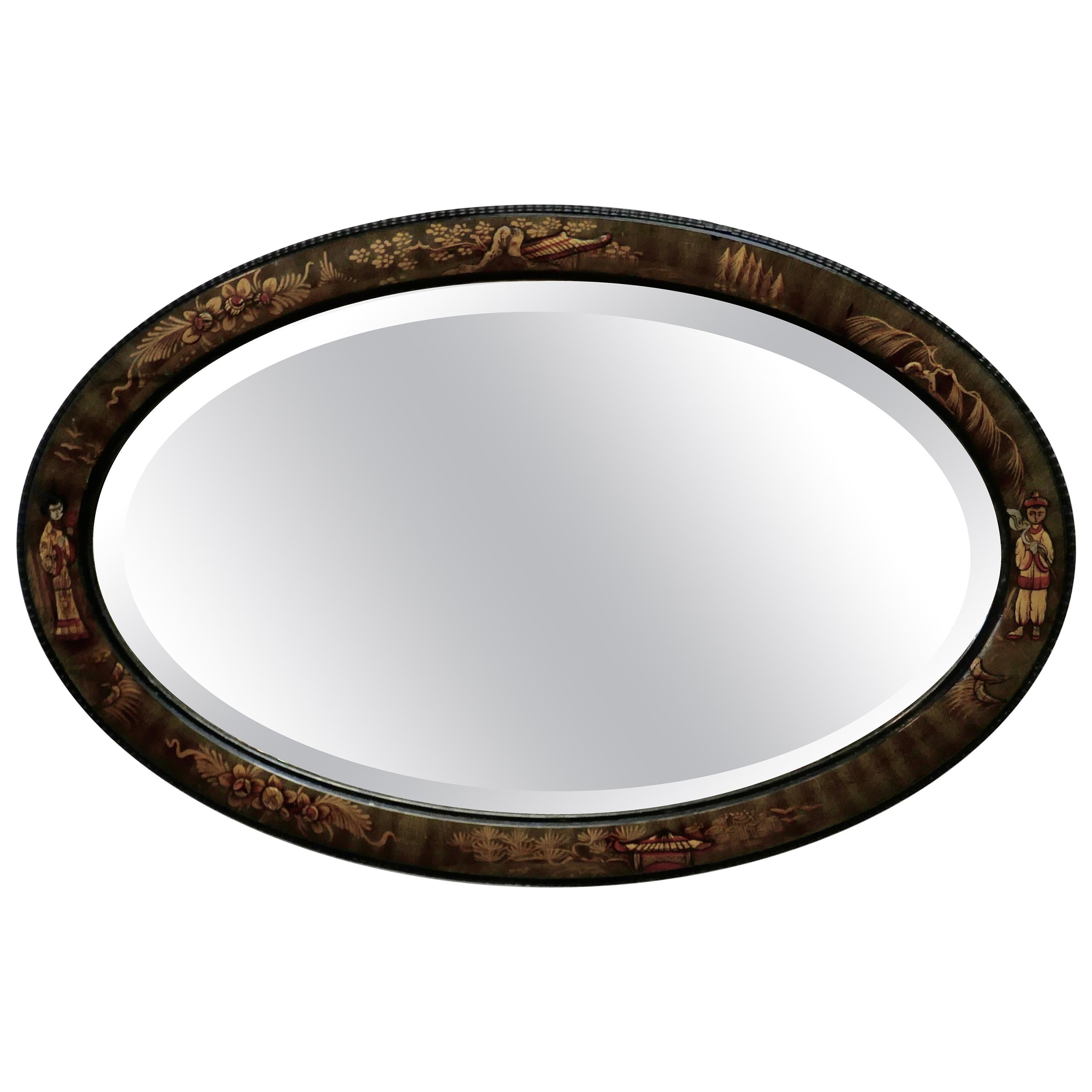 Black Lacquer Chinoiserie Oval Wall Mirror For Sale