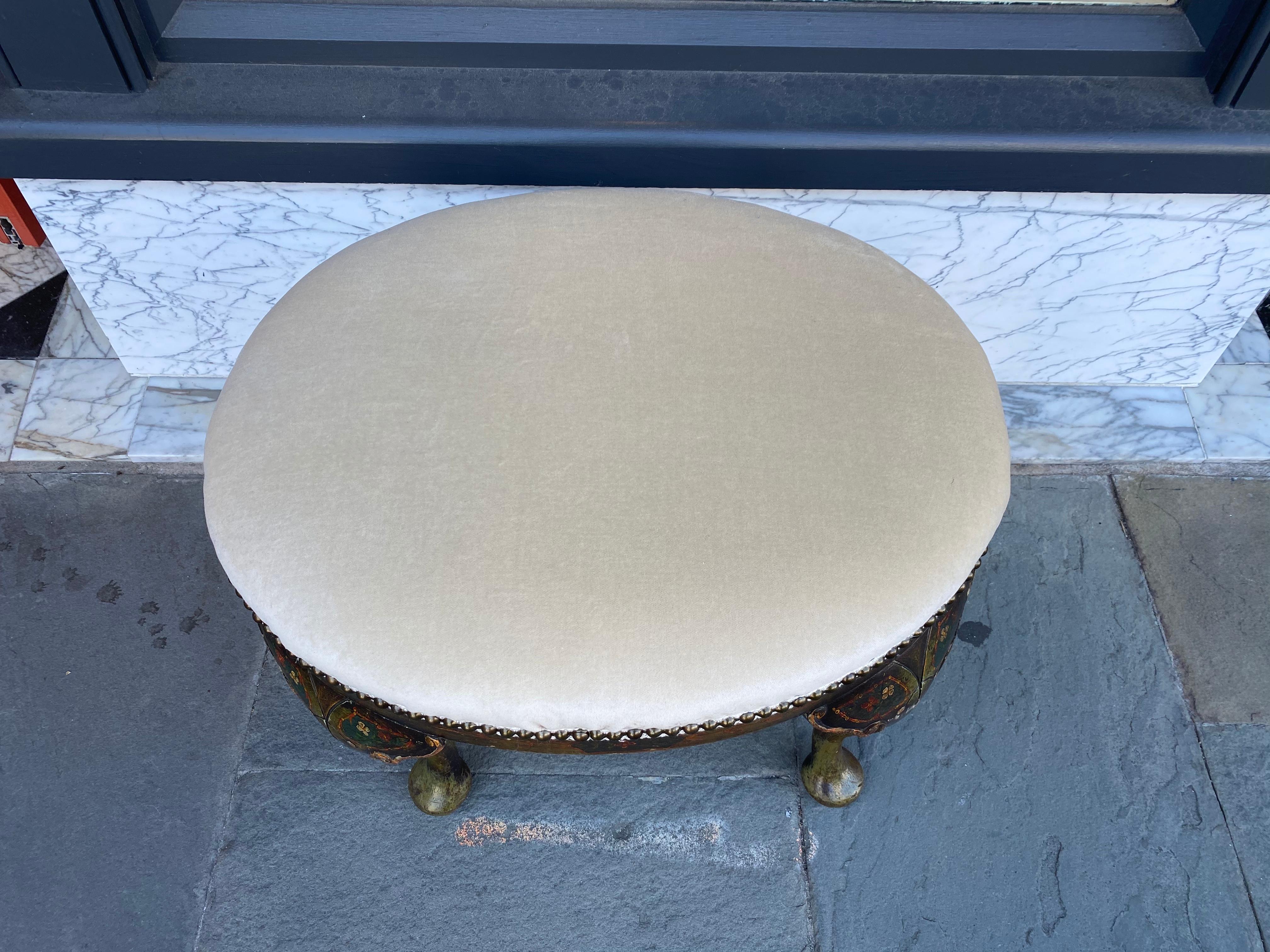 Hand-Painted Black Lacquer Chinoiserie Pad Foot, Oval Footstool, English, Late 19th Century For Sale
