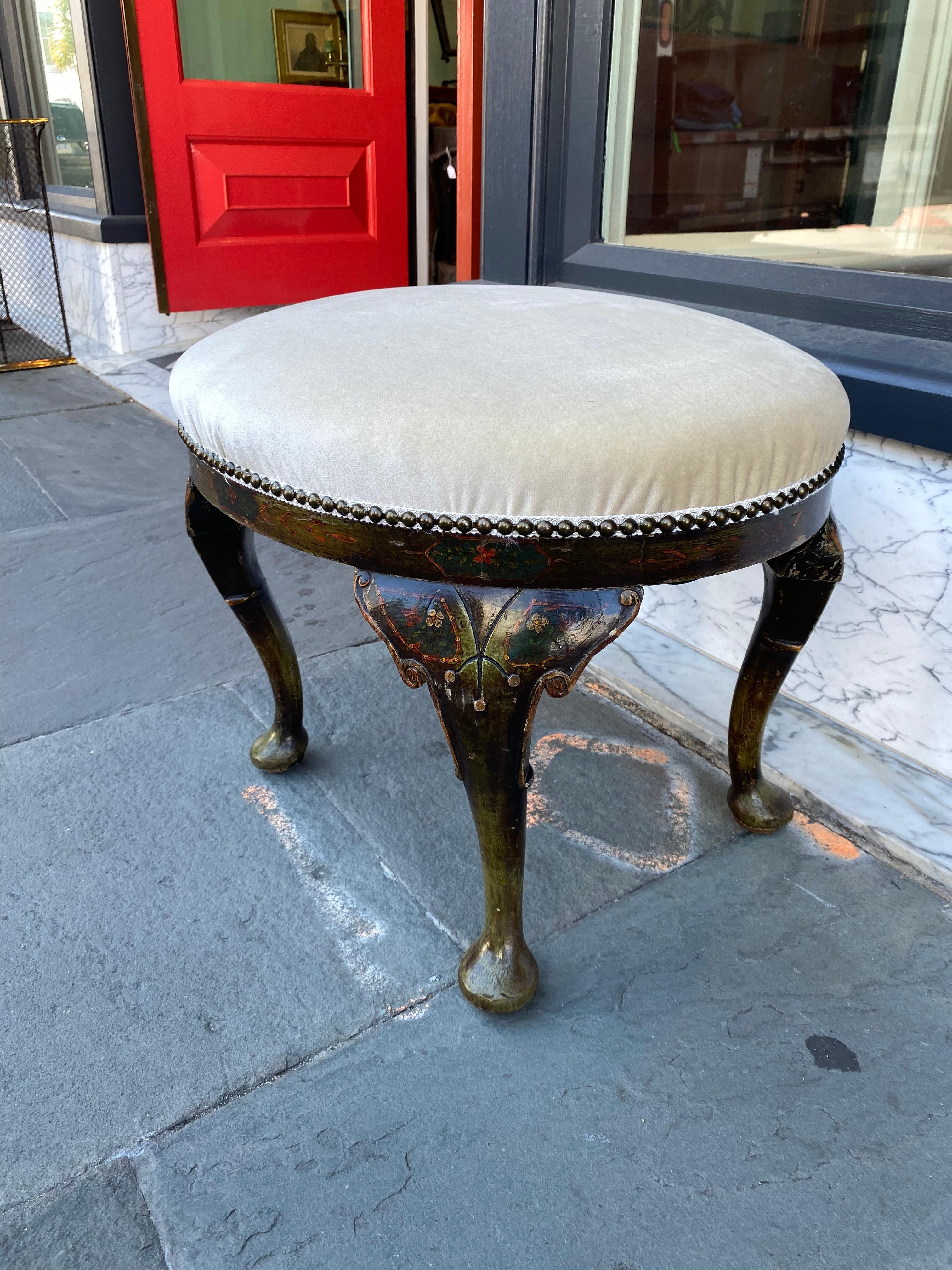 Black Lacquer Chinoiserie Pad Foot, Oval Footstool, English, Late 19th Century In Good Condition For Sale In Charleston, SC