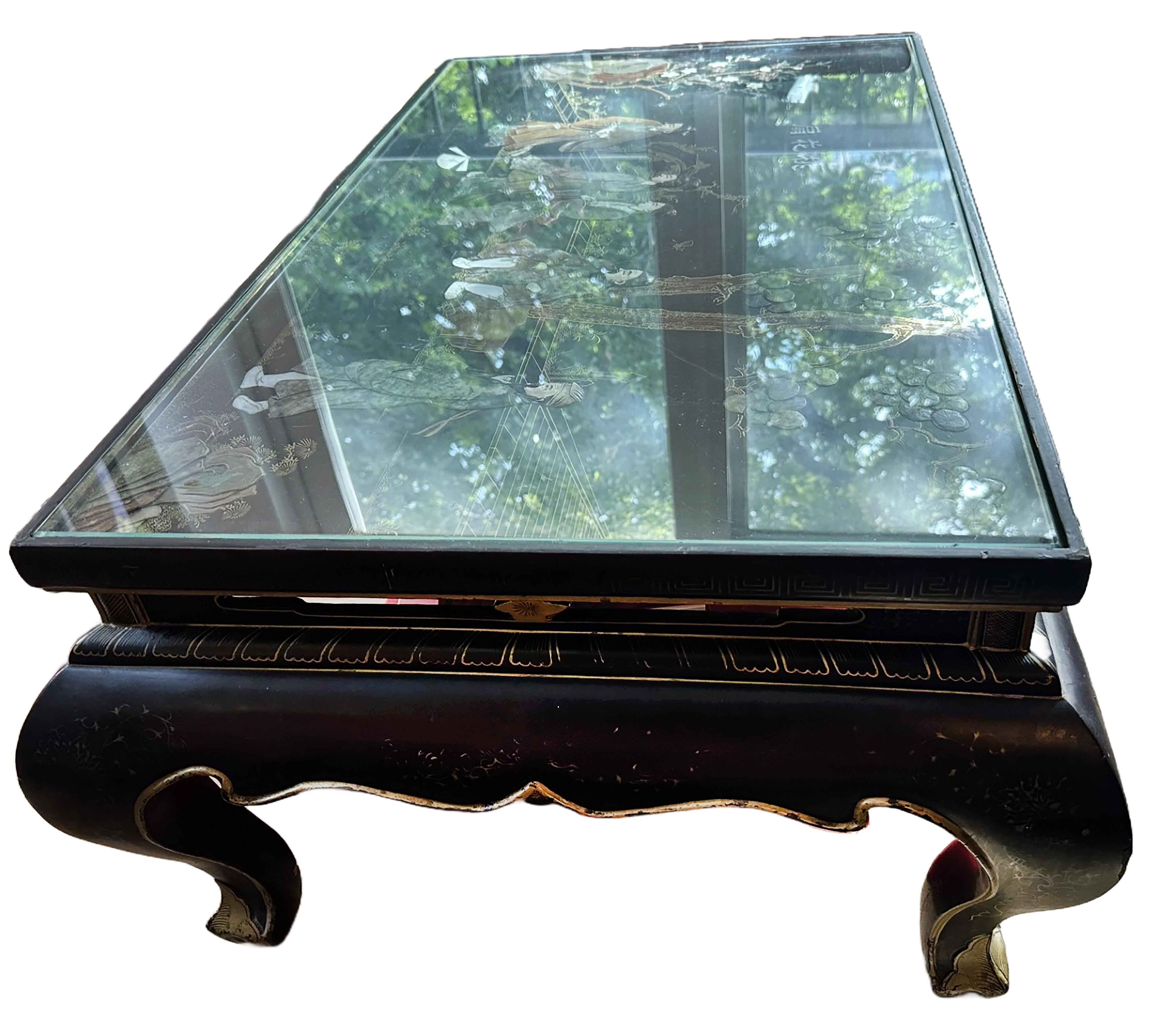 Unknown Black Lacquer Coffee Table with Inlaid Chinoiserie and Glass Insert