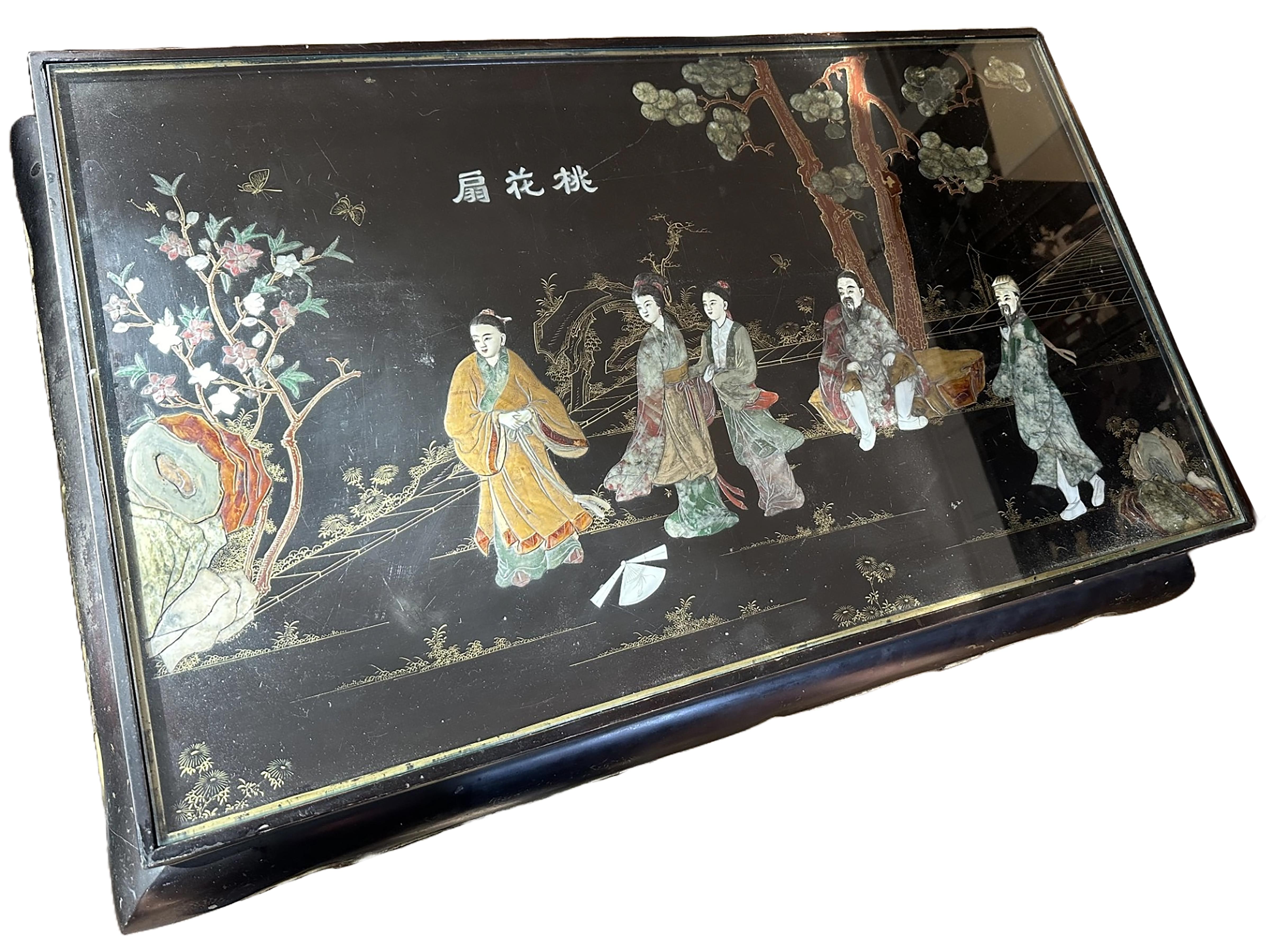 Black Lacquer Coffee Table with Inlaid Chinoiserie and Glass Insert In Good Condition In Dallas, TX
