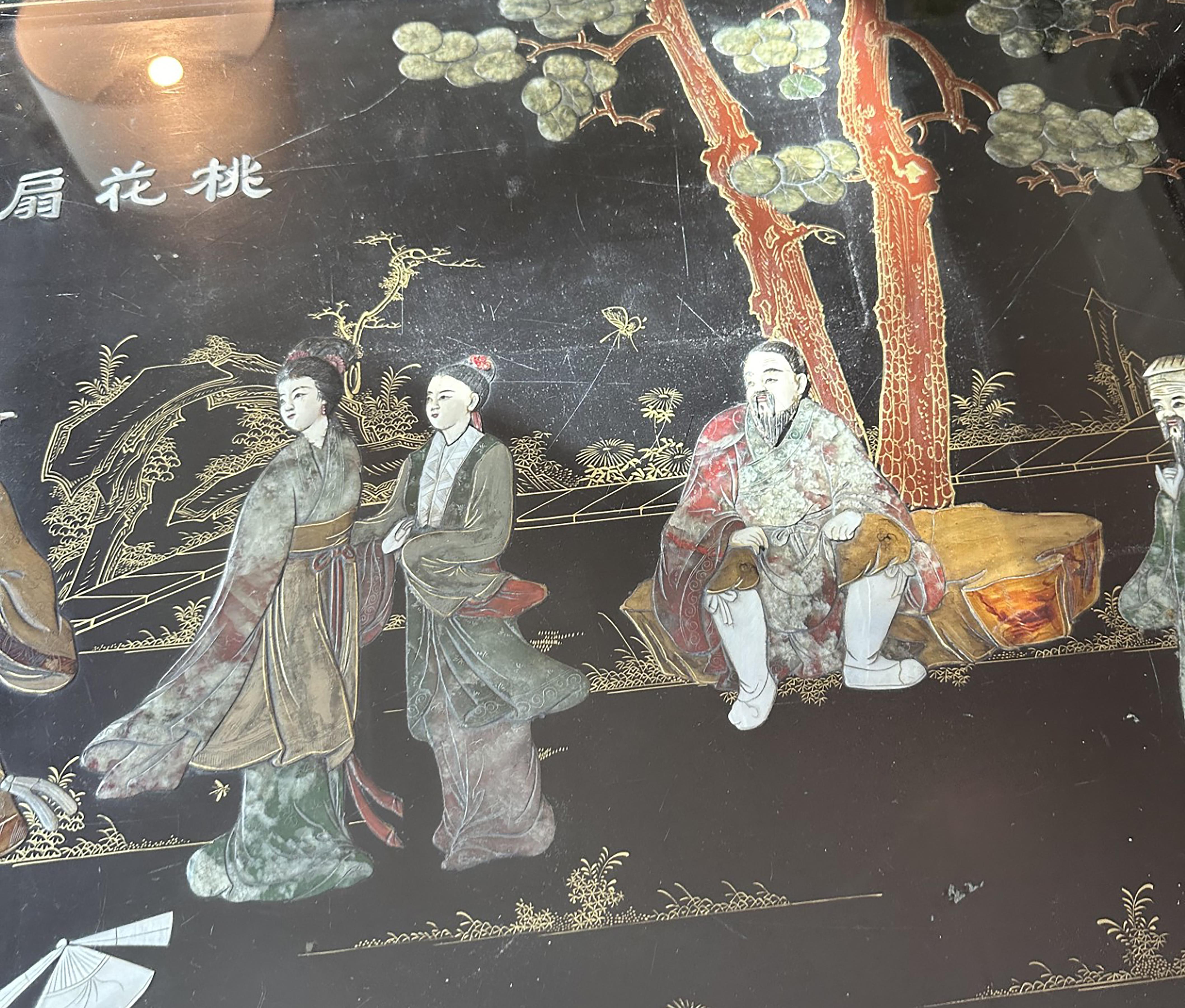 Black Lacquer Coffee Table with Inlaid Chinoiserie and Glass Insert 2