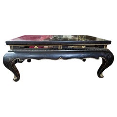 Black Lacquer Coffee Table with Inlaid Chinoiserie and Glass Insert