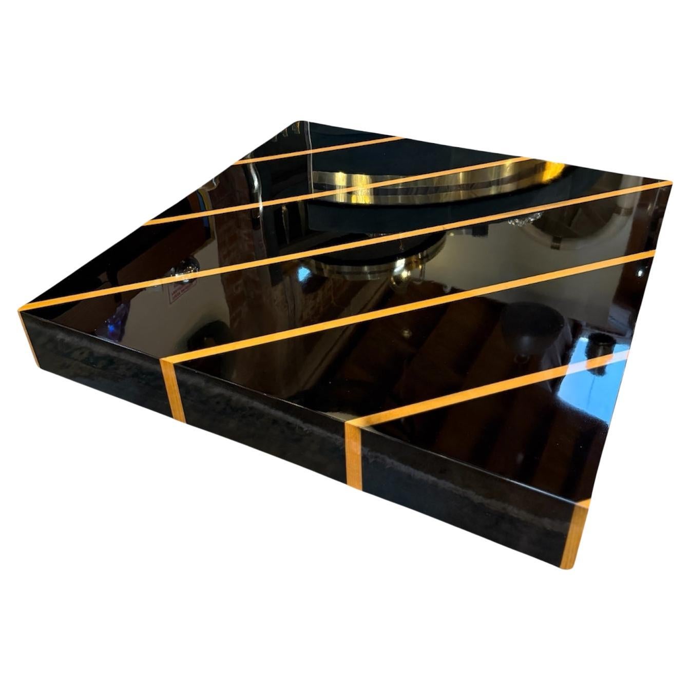 Black Lacquer Coffee Table with Light-Wood Inlay, Italy, 1970s For Sale