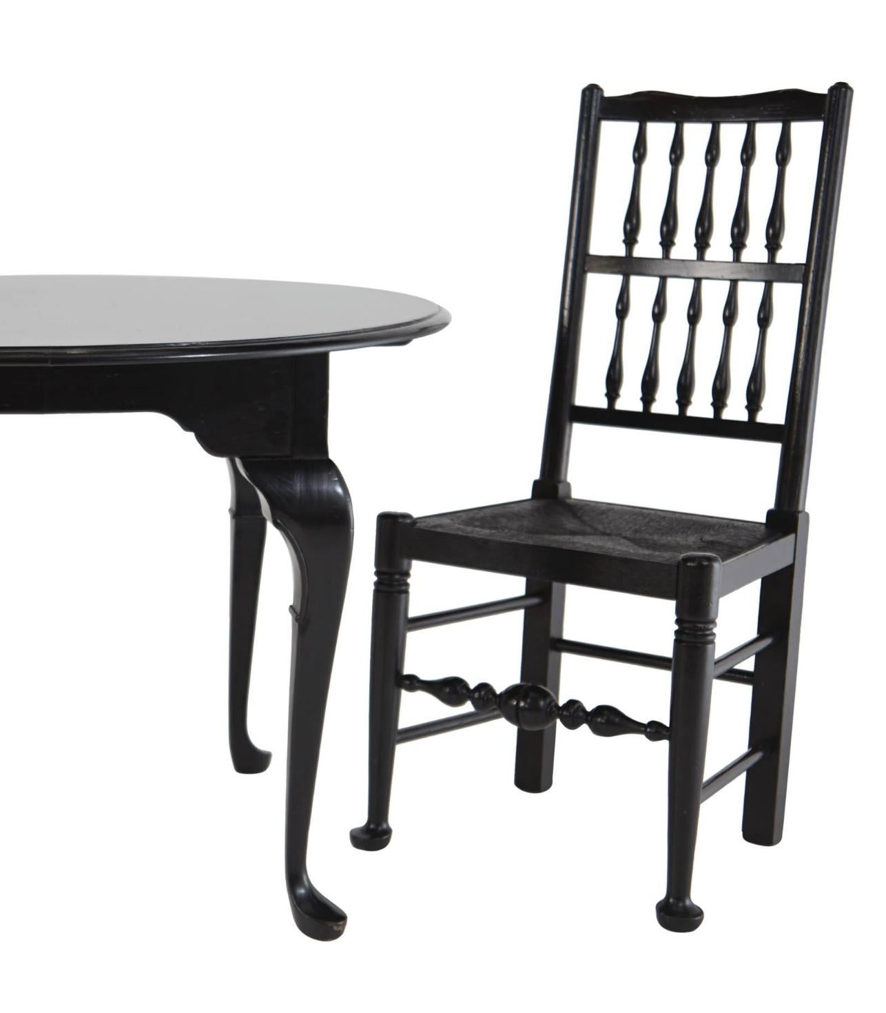 Black Lacquer Colonial Revival & Queen Anne Style Chairs and Table In Good Condition In Los Angeles, CA