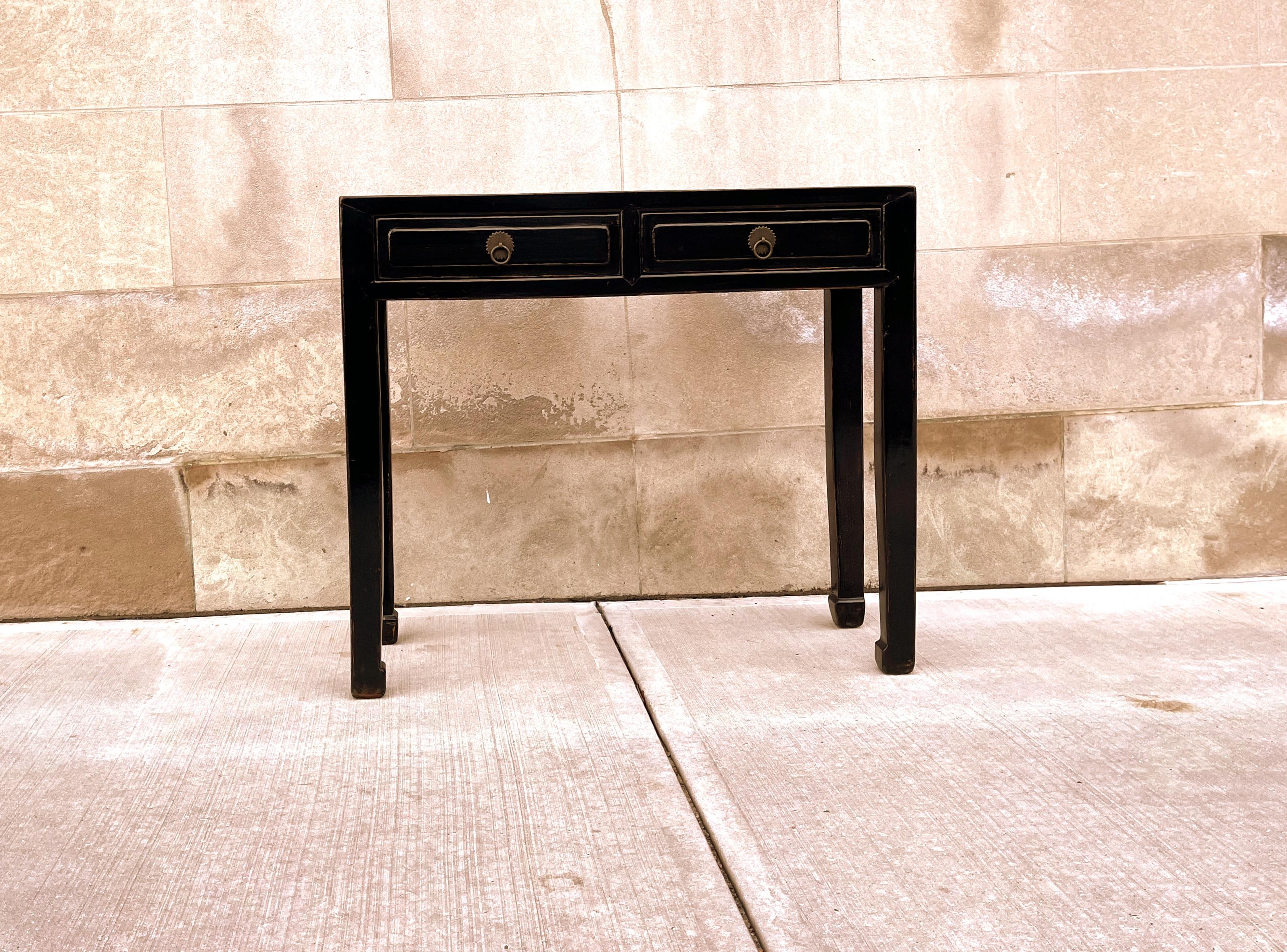 Polished Black Lacquer Console Table with Drawers For Sale