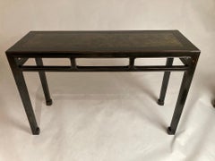 Black Lacquer Console Table with Inlaid Marble Top, Chinese 19th Century