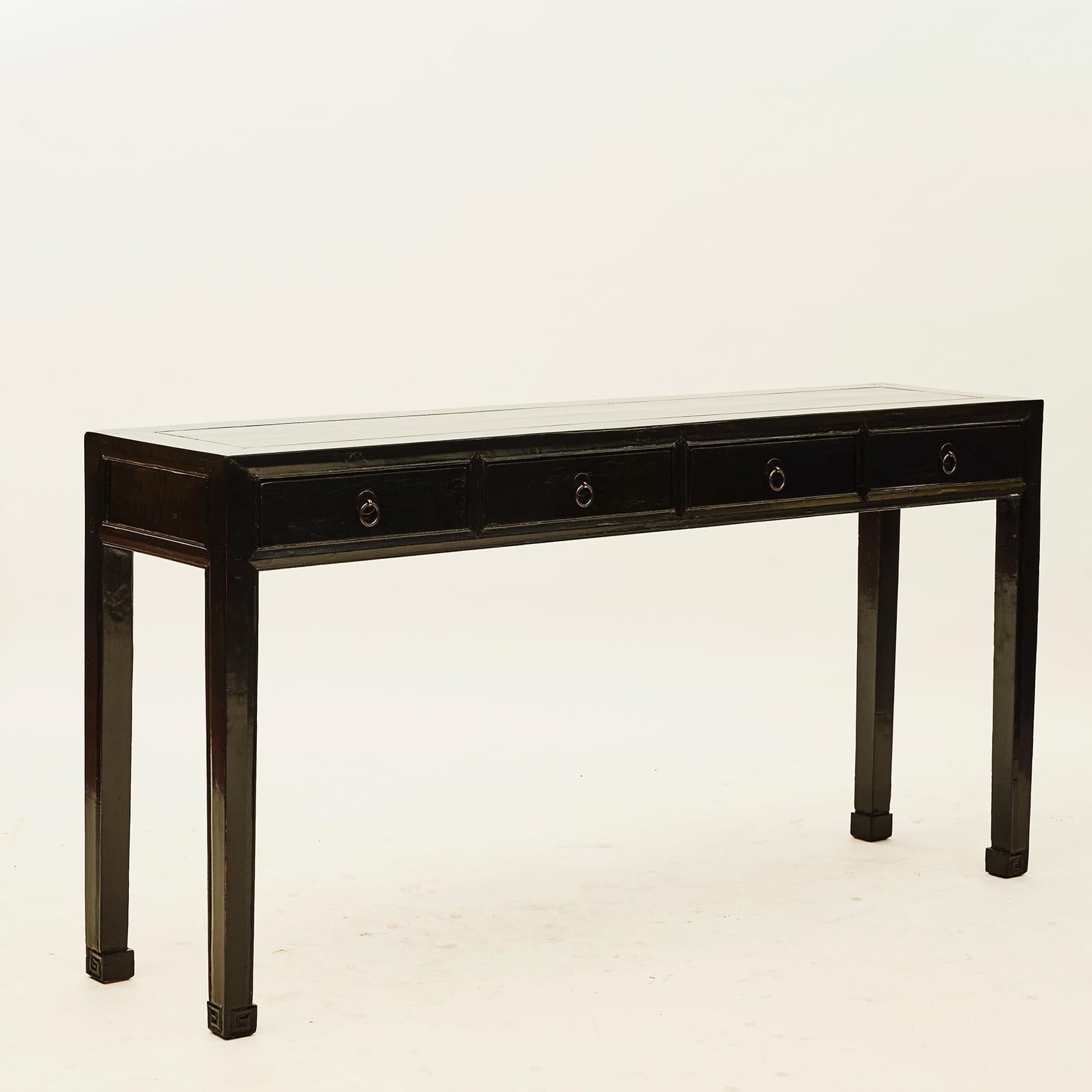 Art Deco Black Lacquer Console with 4 Drawers