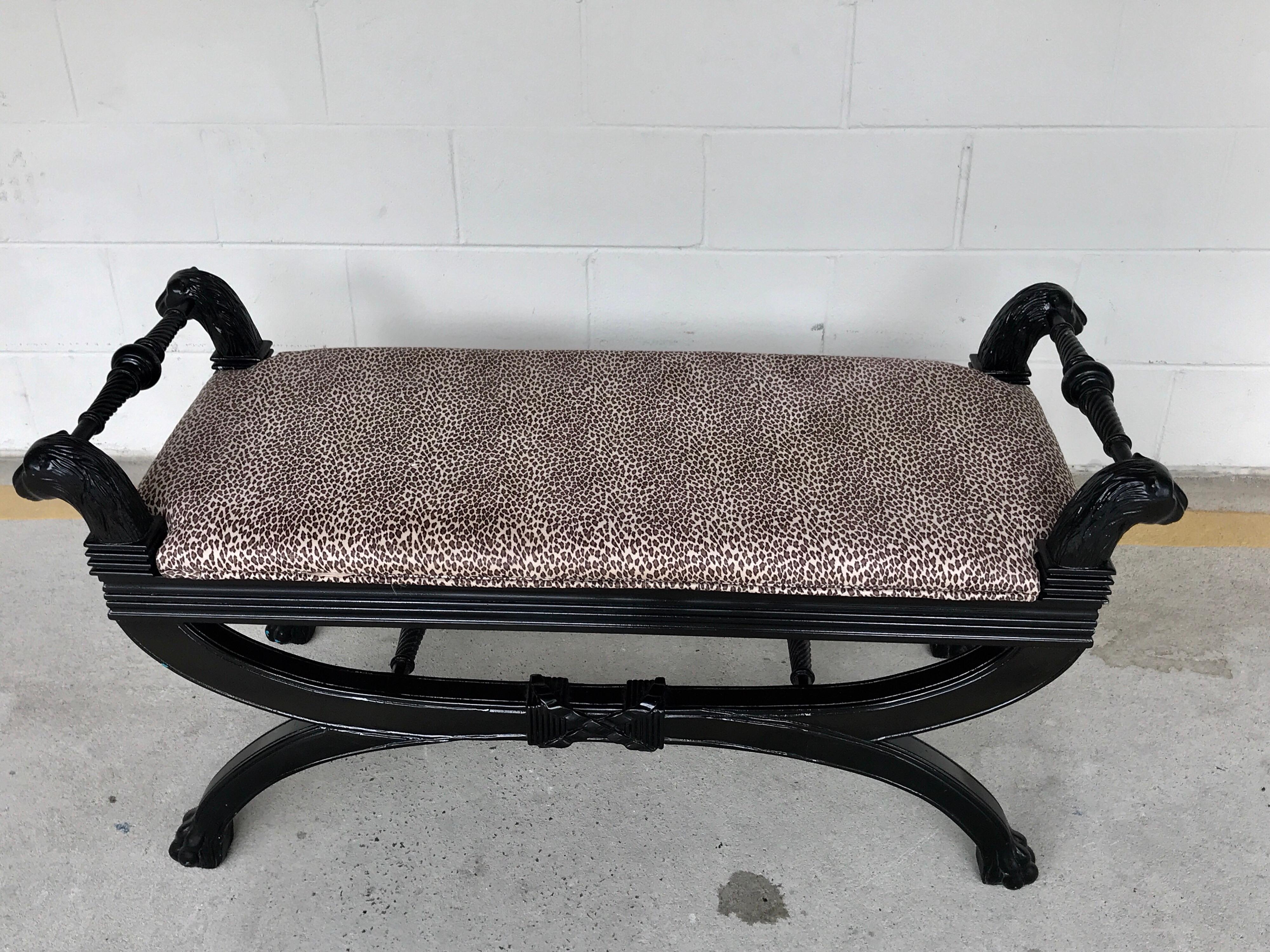 Black lacquer Curule bench in the style of Maison Jansen. The inset cushion measures 19