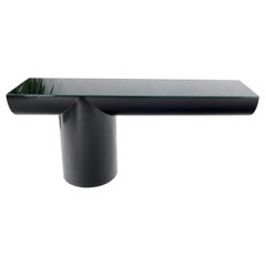 Black Lacquer Cylinder Base Cantilever Glass Top Console Table