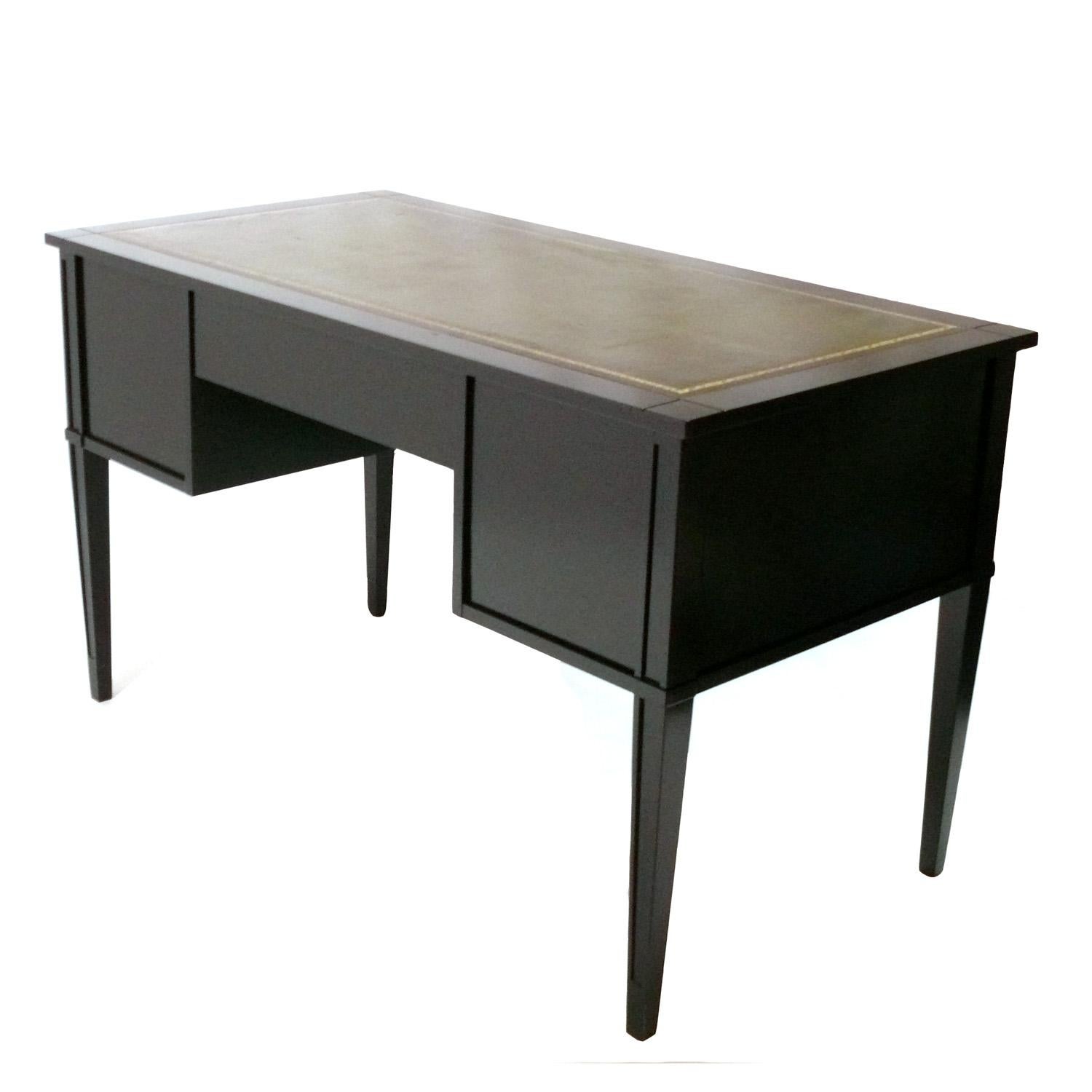 Lacquered Black Lacquer Desk or Bureau Plat with Inset Green Leather Top - Refinished For Sale