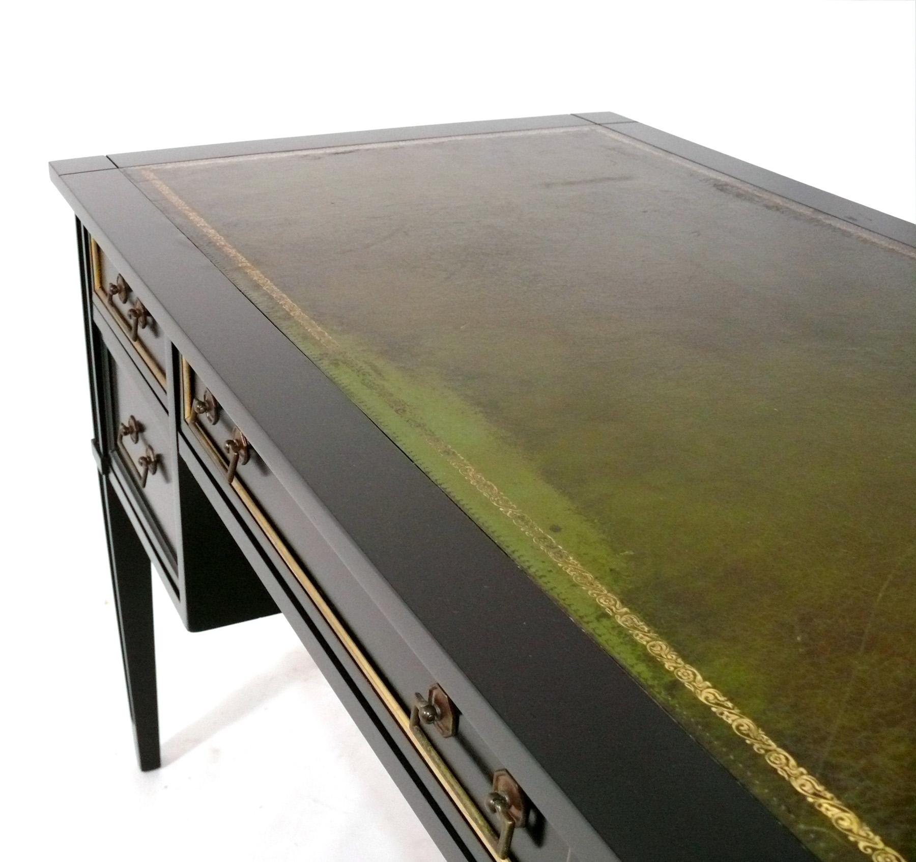 Black Lacquer Desk or Bureau Plat with Inset Green Leather Top - Refinished In Good Condition For Sale In Atlanta, GA