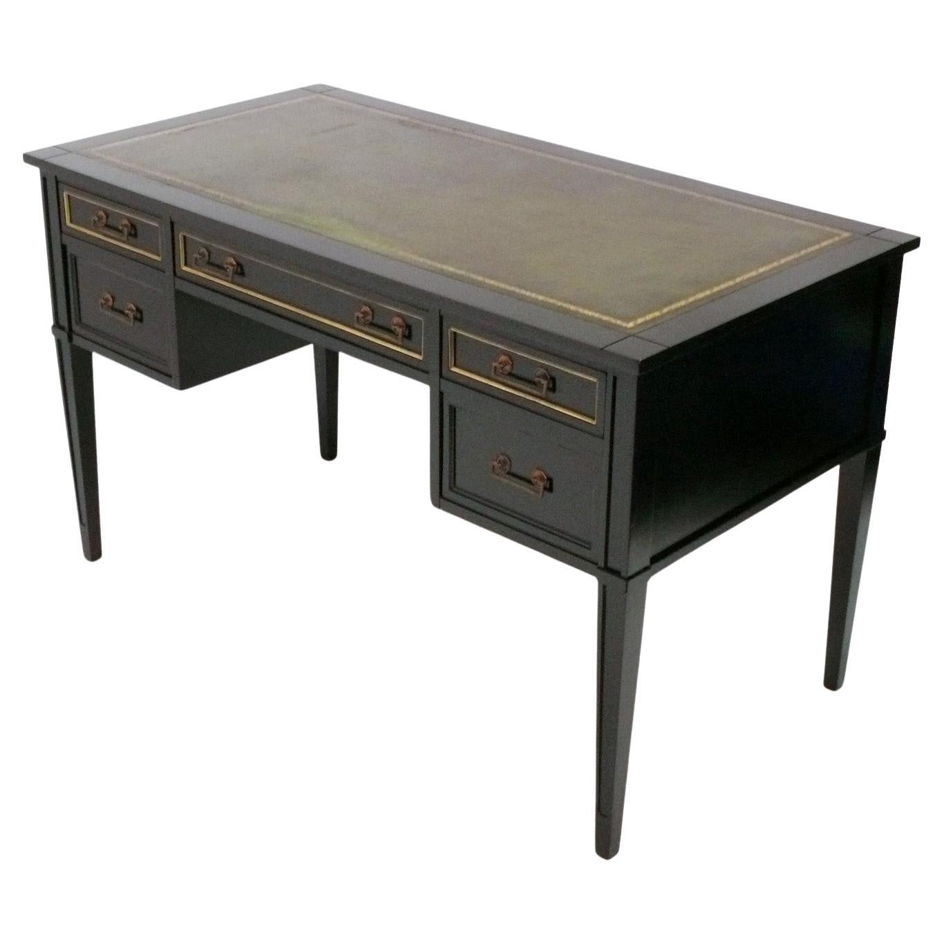 Black Lacquer Desk or Bureau Plat with Inset Green Leather Top - Refinished For Sale