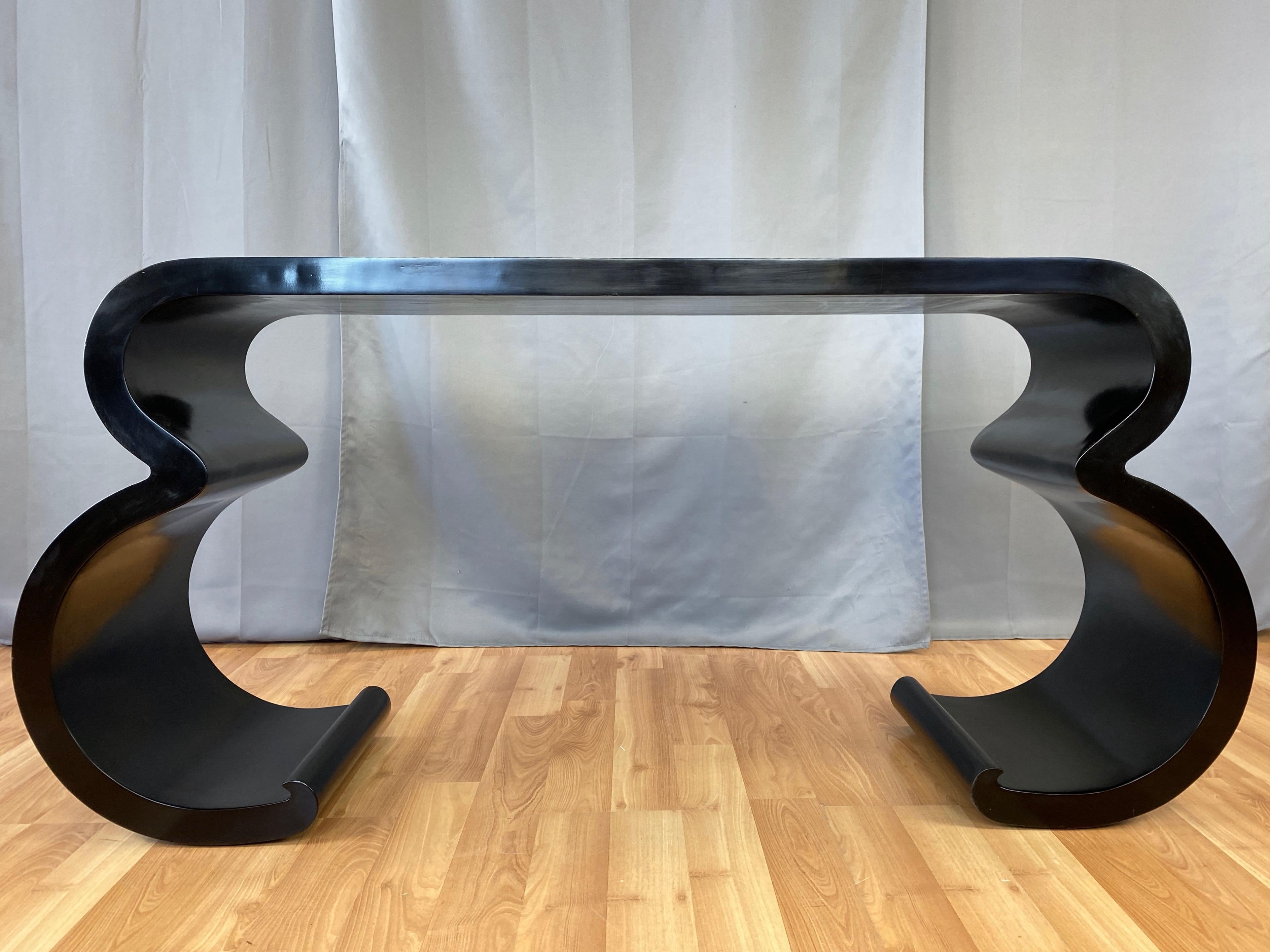 Black Lacquer Double Scroll Console Table in the Style of Karl Springer, 1970s 2
