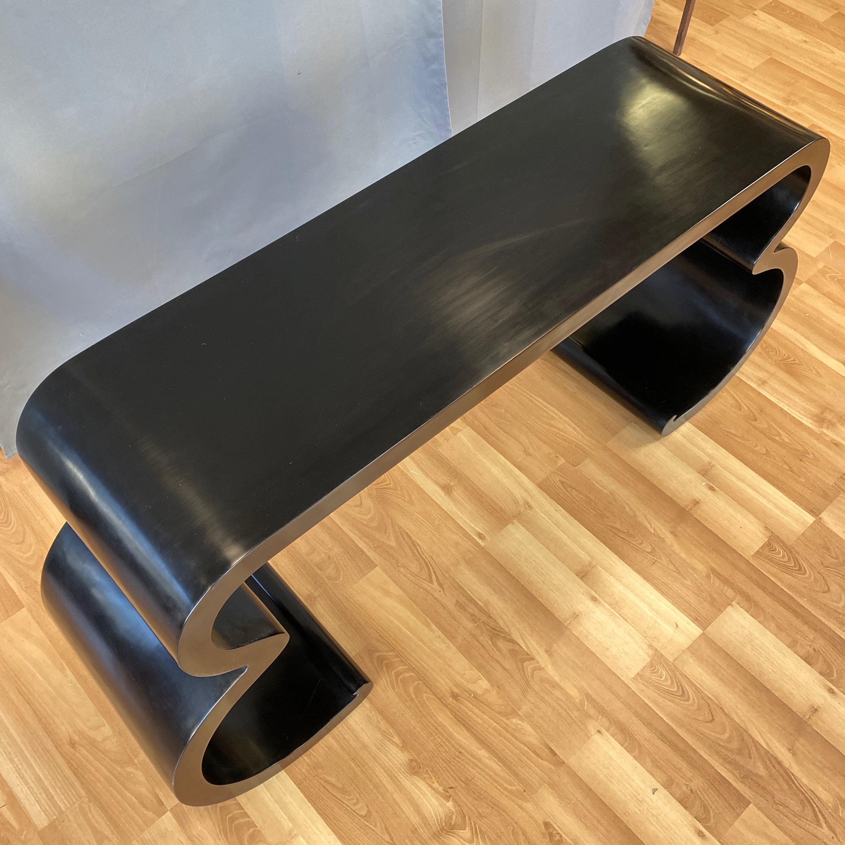 Black Lacquer Double Scroll Console Table in the Style of Karl Springer, 1970s 7