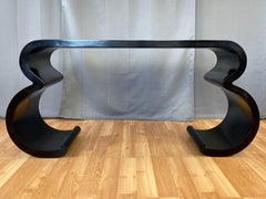 Black Lacquer Double Scroll Console Table in the Style of Karl Springer, 1970s