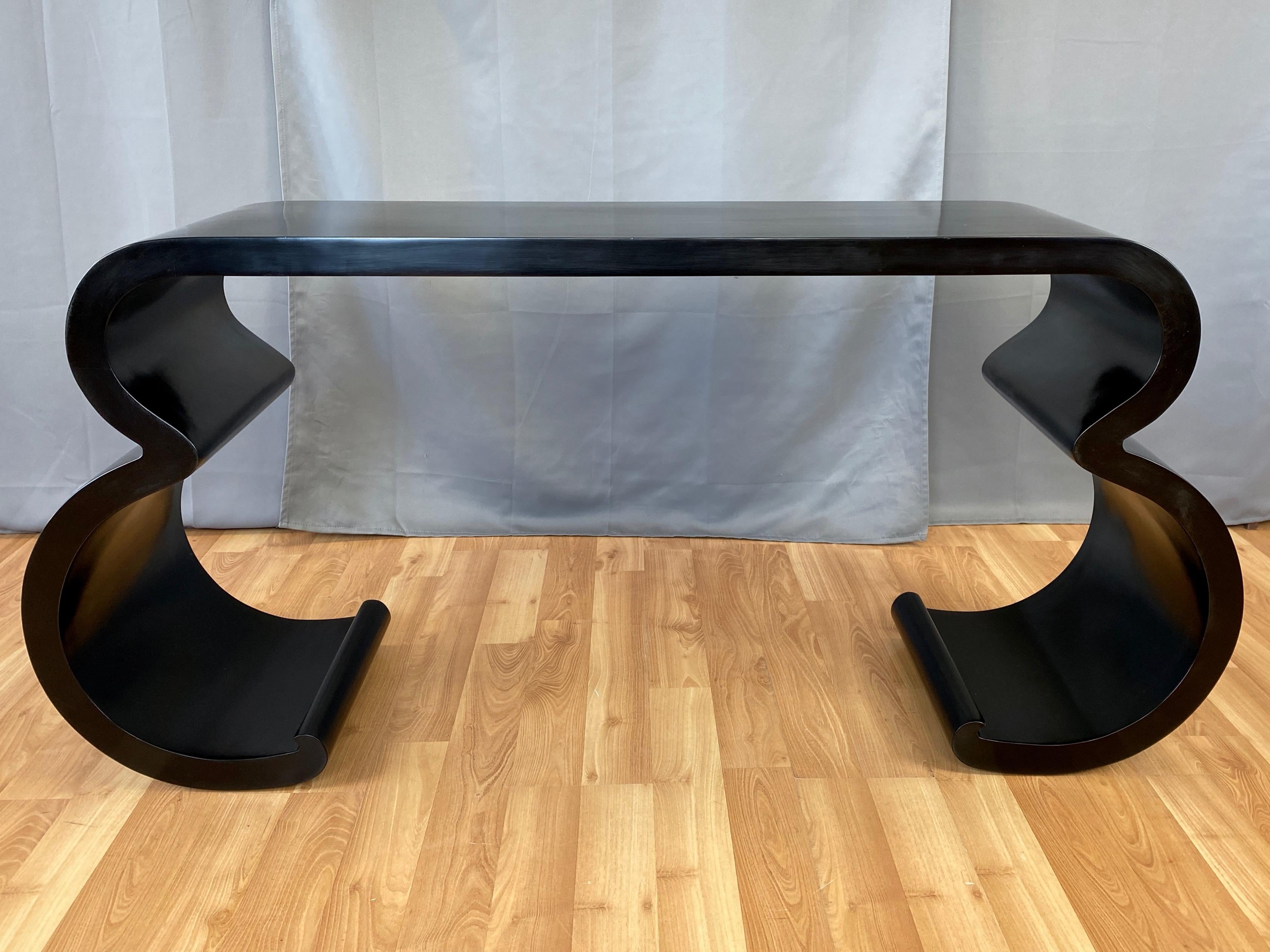 Hollywood Regency Black Lacquer Double Scroll Console Table in the Style of Karl Springer, 1970s