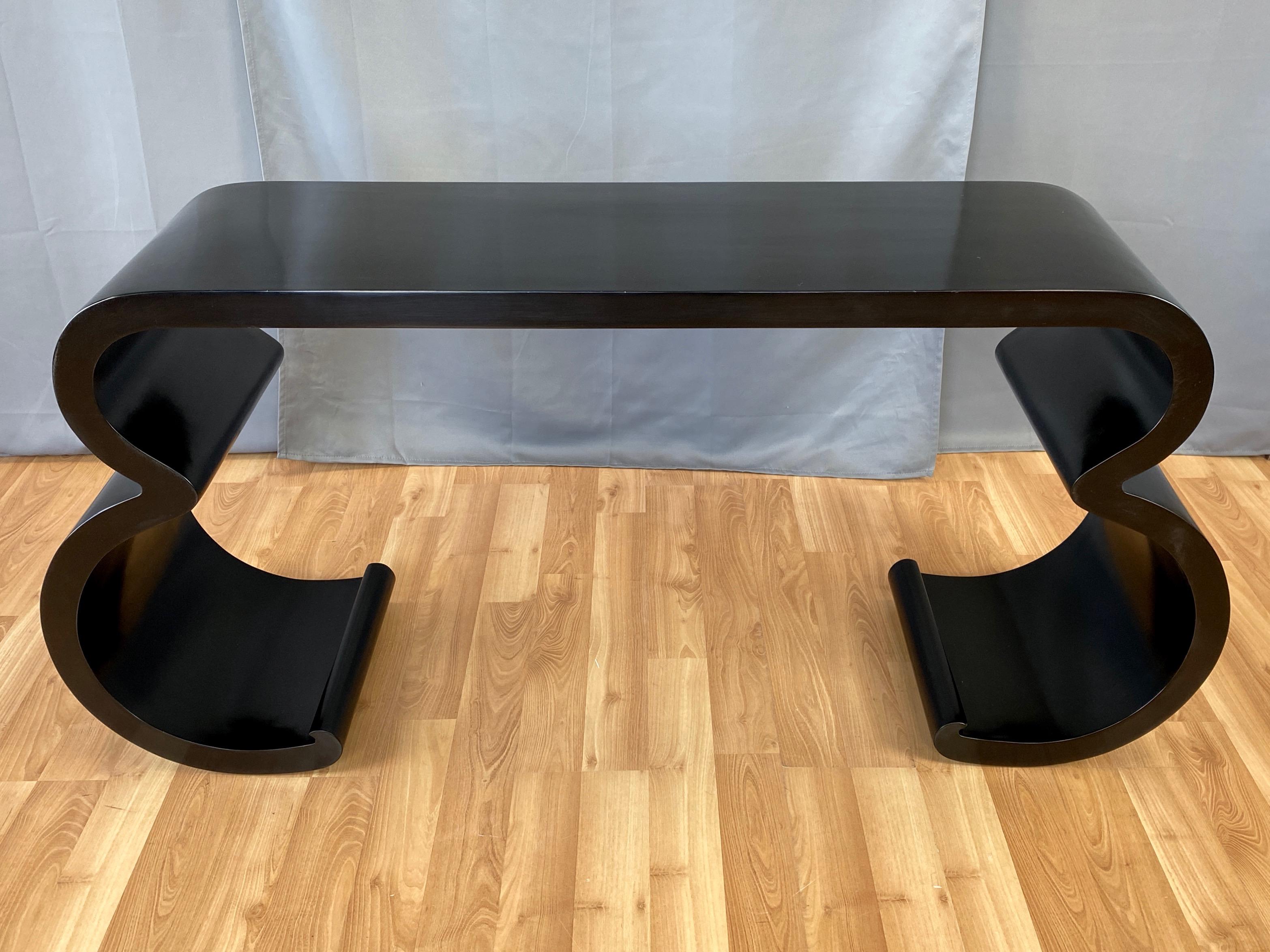 American Black Lacquer Double Scroll Console Table in the Style of Karl Springer, 1970s