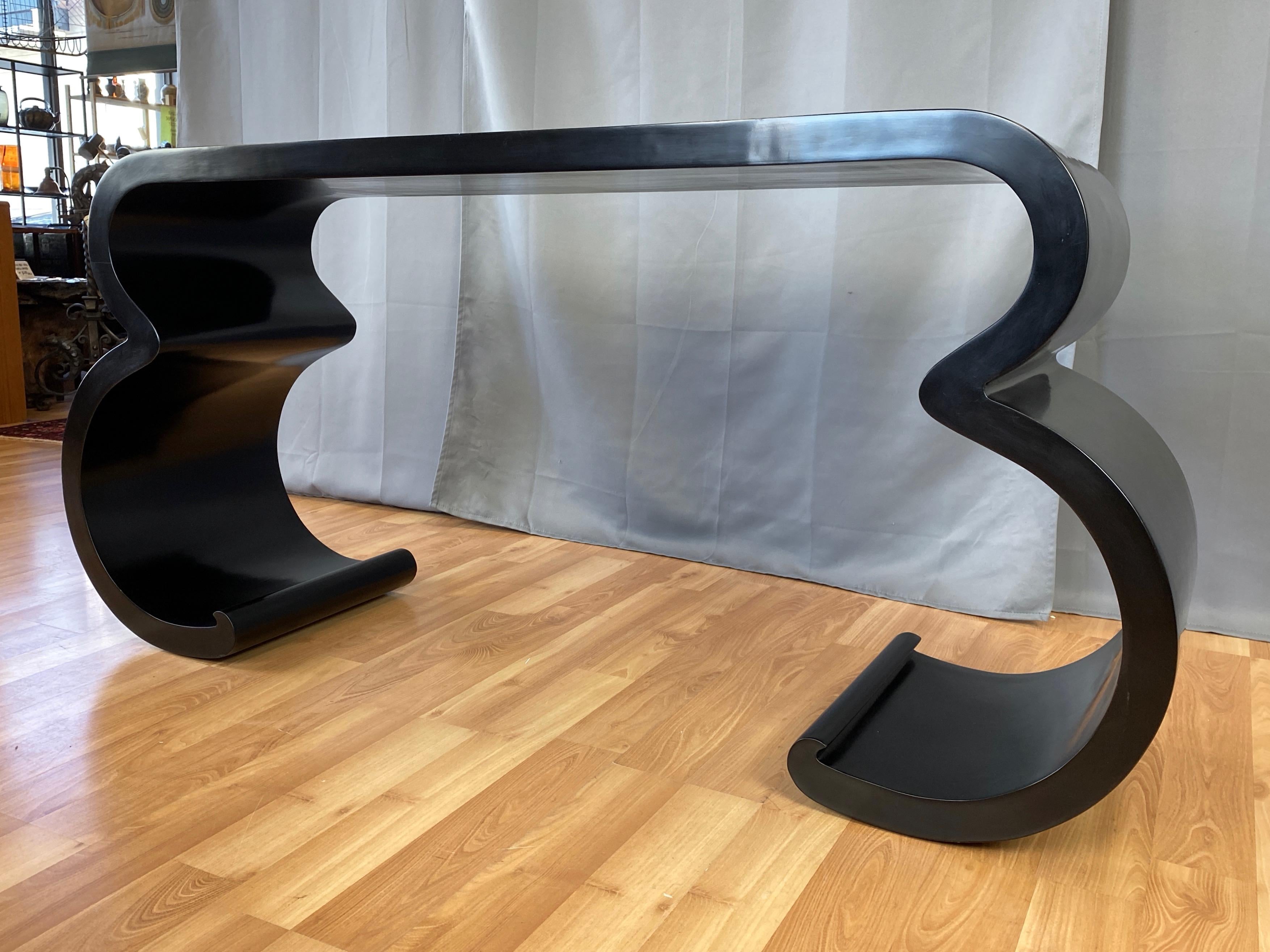 Black Lacquer Double Scroll Console Table in the Style of Karl Springer, 1970s In Good Condition In San Francisco, CA