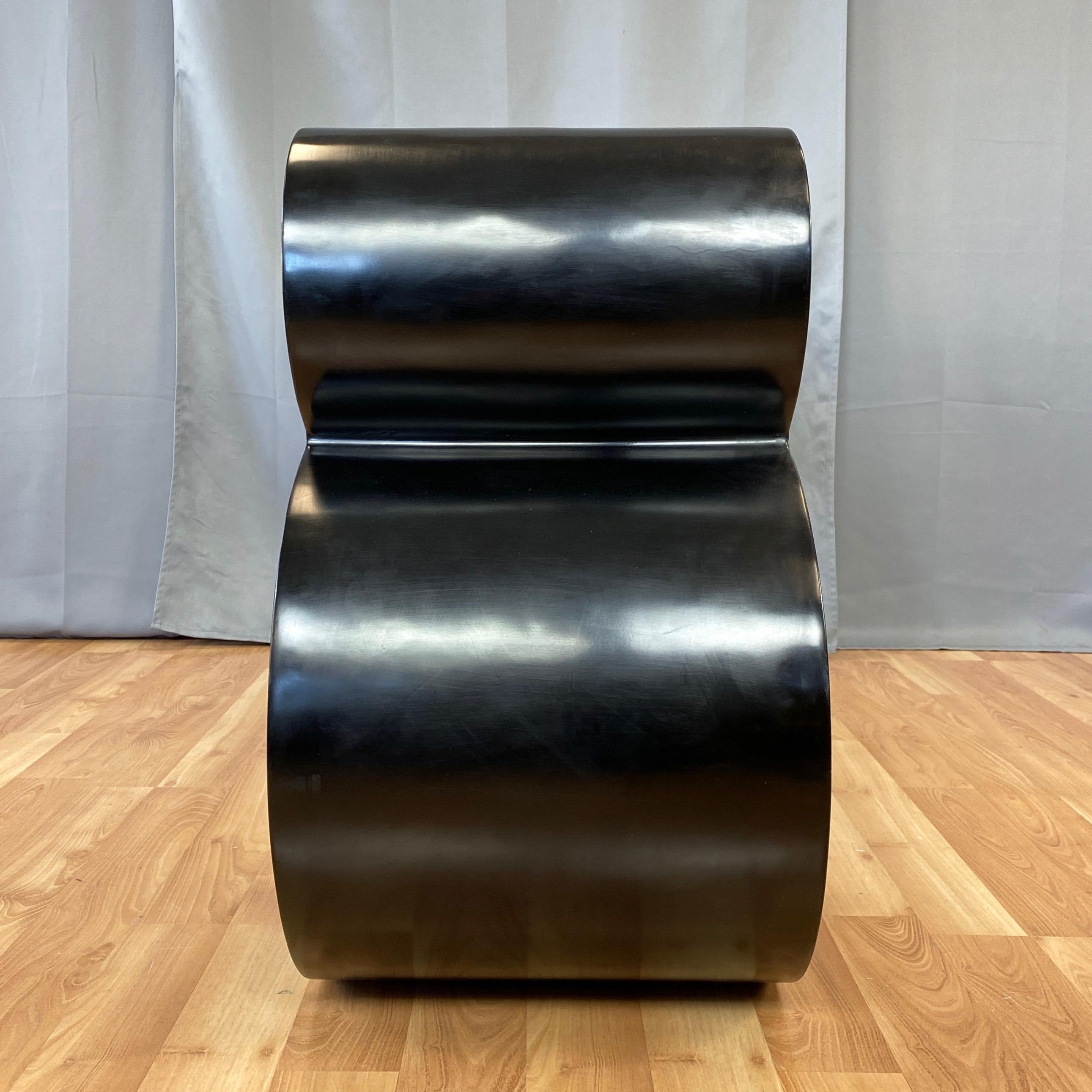 Wood Black Lacquer Double Scroll Console Table in the Style of Karl Springer, 1970s