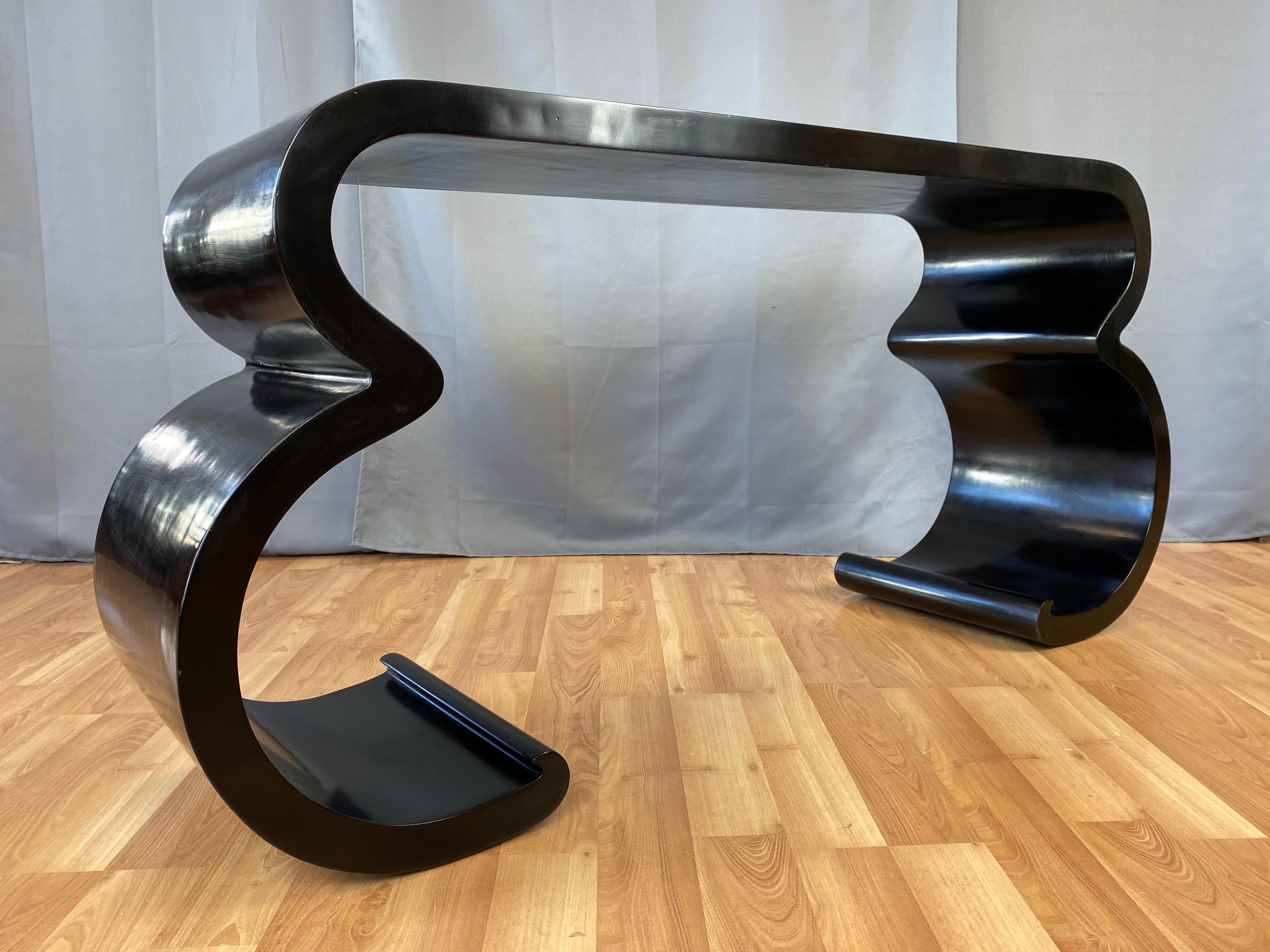 Black Lacquer Double Scroll Console Table in the Style of Karl Springer, 1970s 1