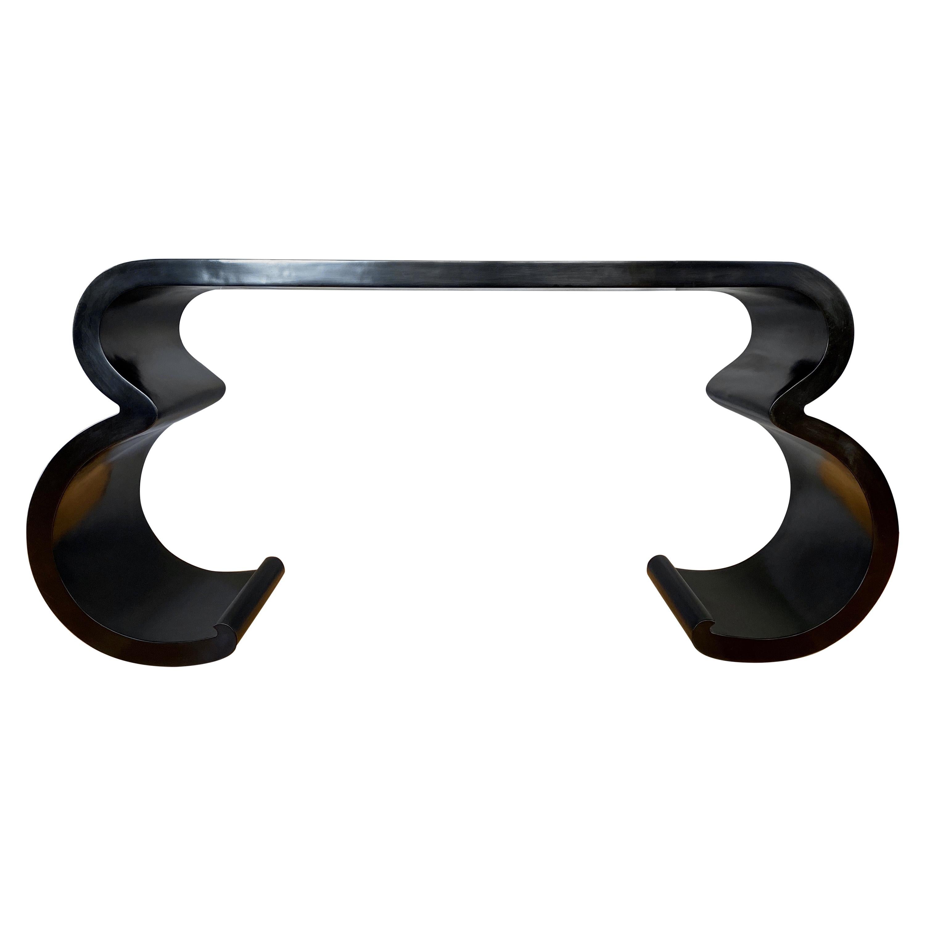 Black Lacquer Double Scroll Console Table in the Style of Karl Springer, 1970s