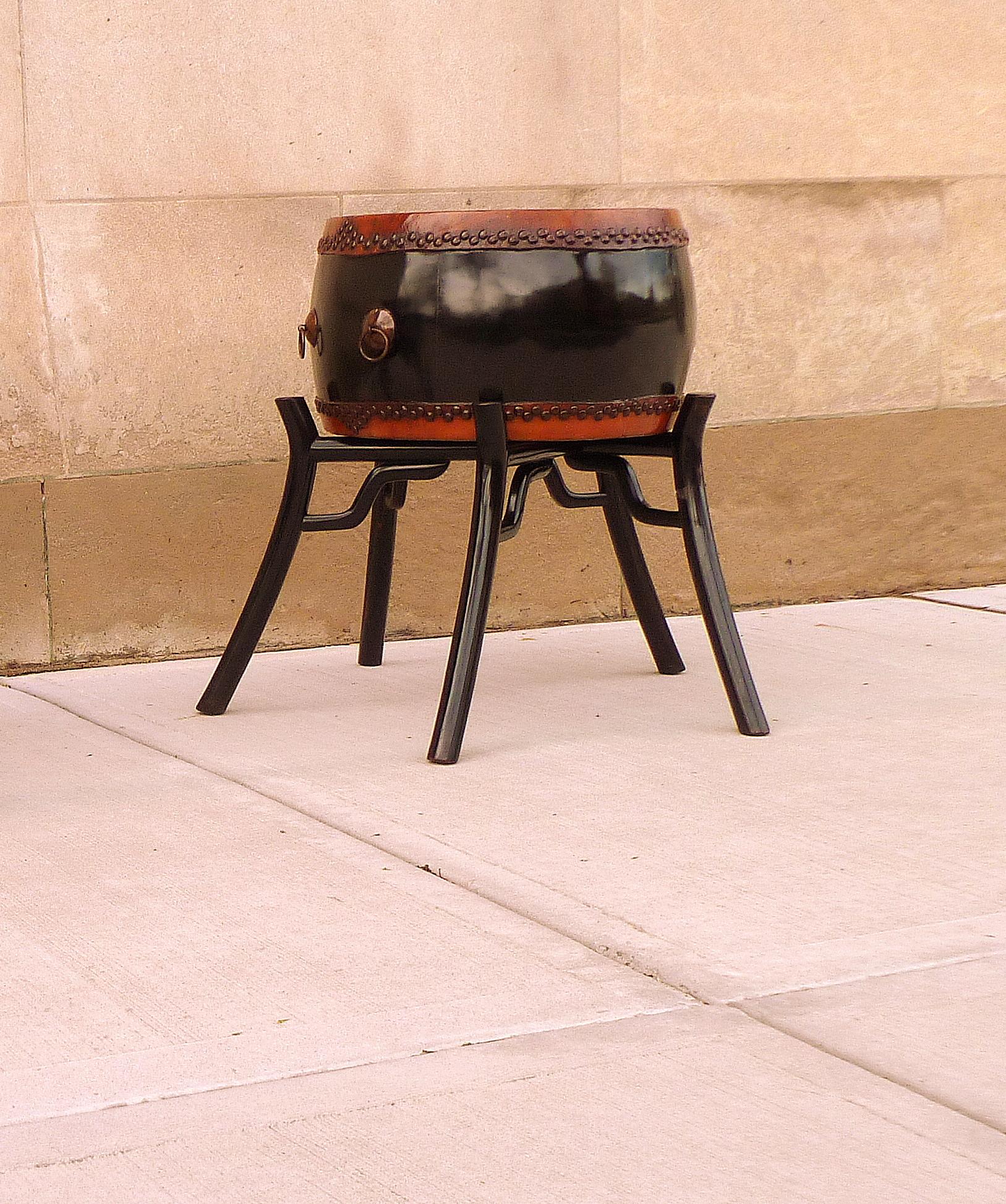 20th Century Black Lacquer Drum with Stand or End Table