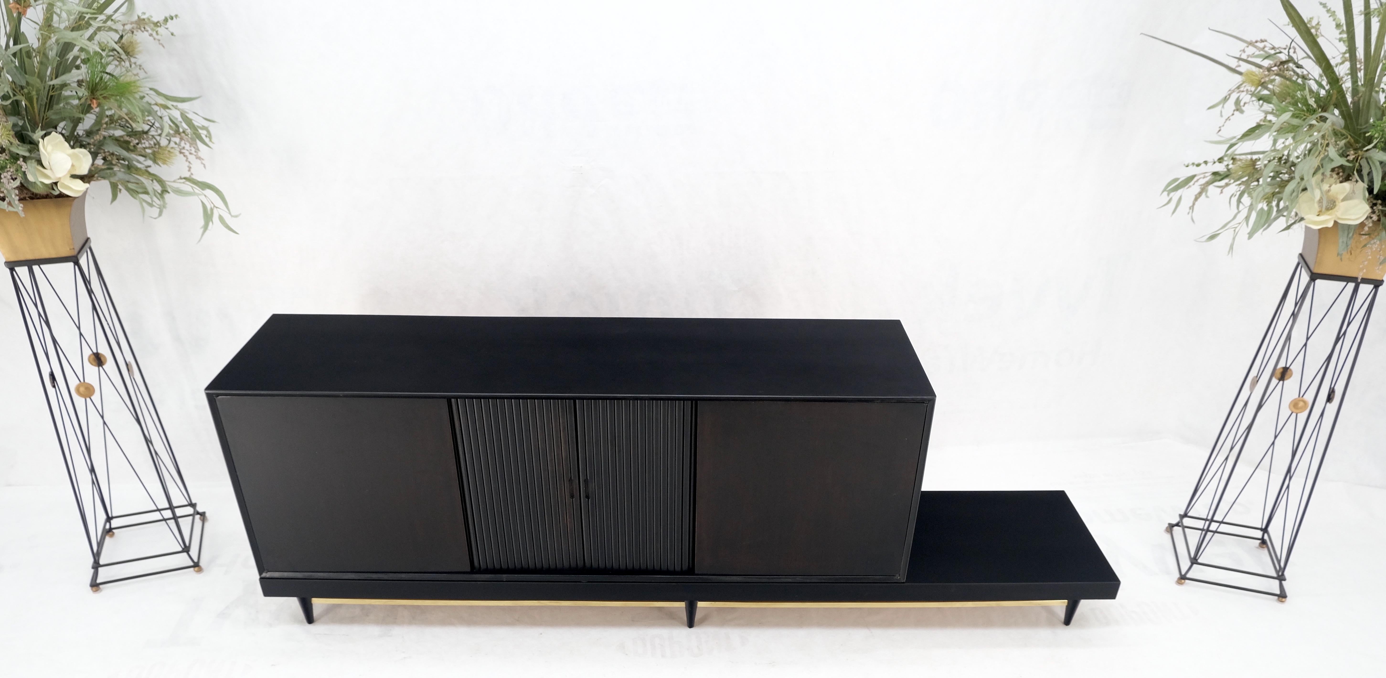 Mid-Century Modern Black Lacquer Ebonized Tambour Doors Credenza Dresser on Platform Brass Base For Sale