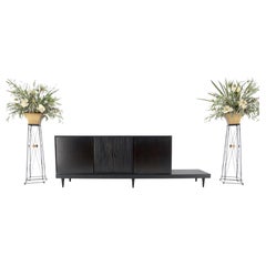 Black Lacquer Ebonized Tambour Doors Credenza Dresser on Platform Brass Base