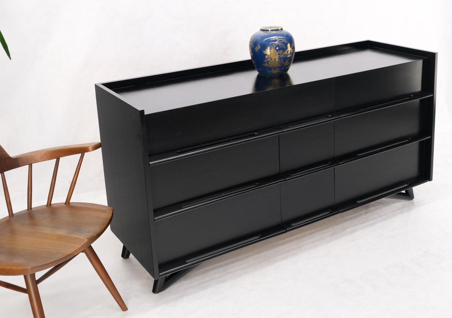 Mid-Century Modern Black Lacquer Ebonized Pieced Wood Pulls Gallery Top 9 Drawers Dresser Credenza For Sale