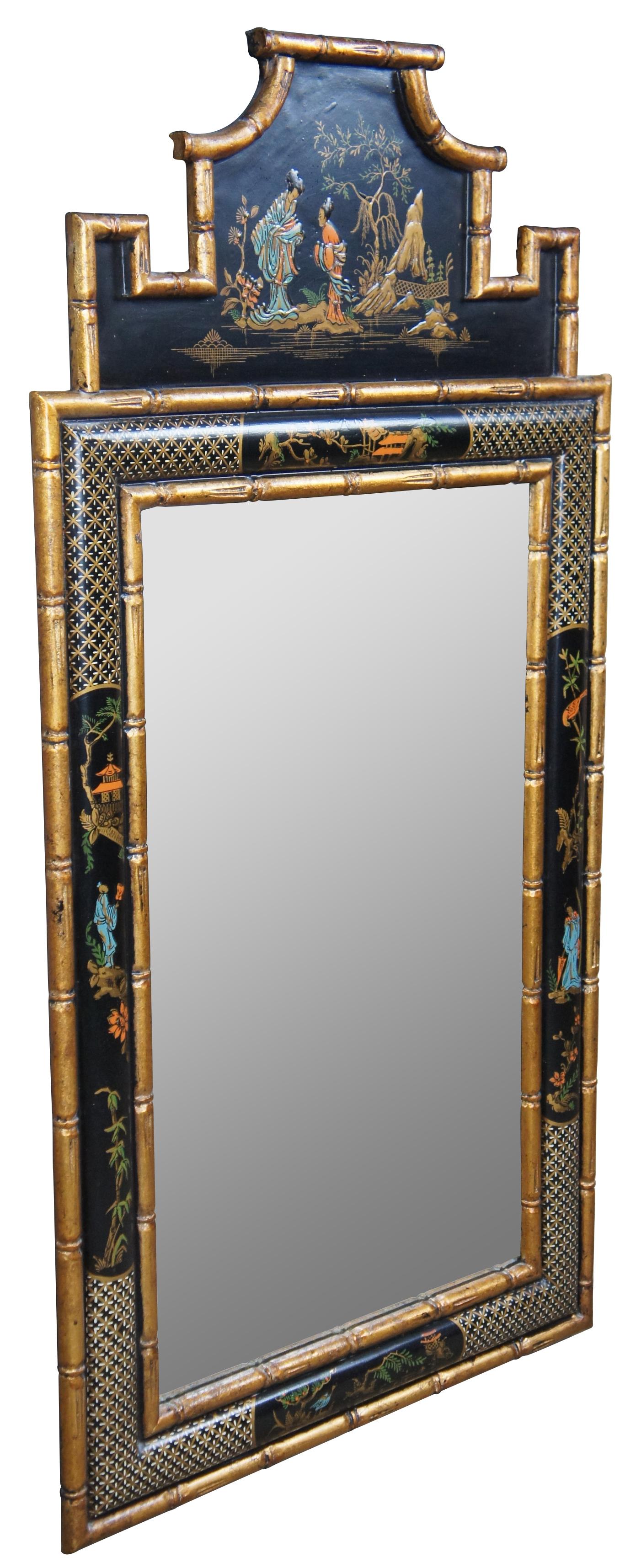 Late 20th century Chinese pagoda mirror. Features black lacquer and faux bamboo with painted figural geisha scenes, birds, and tress, circa 1980s. Measure: 55