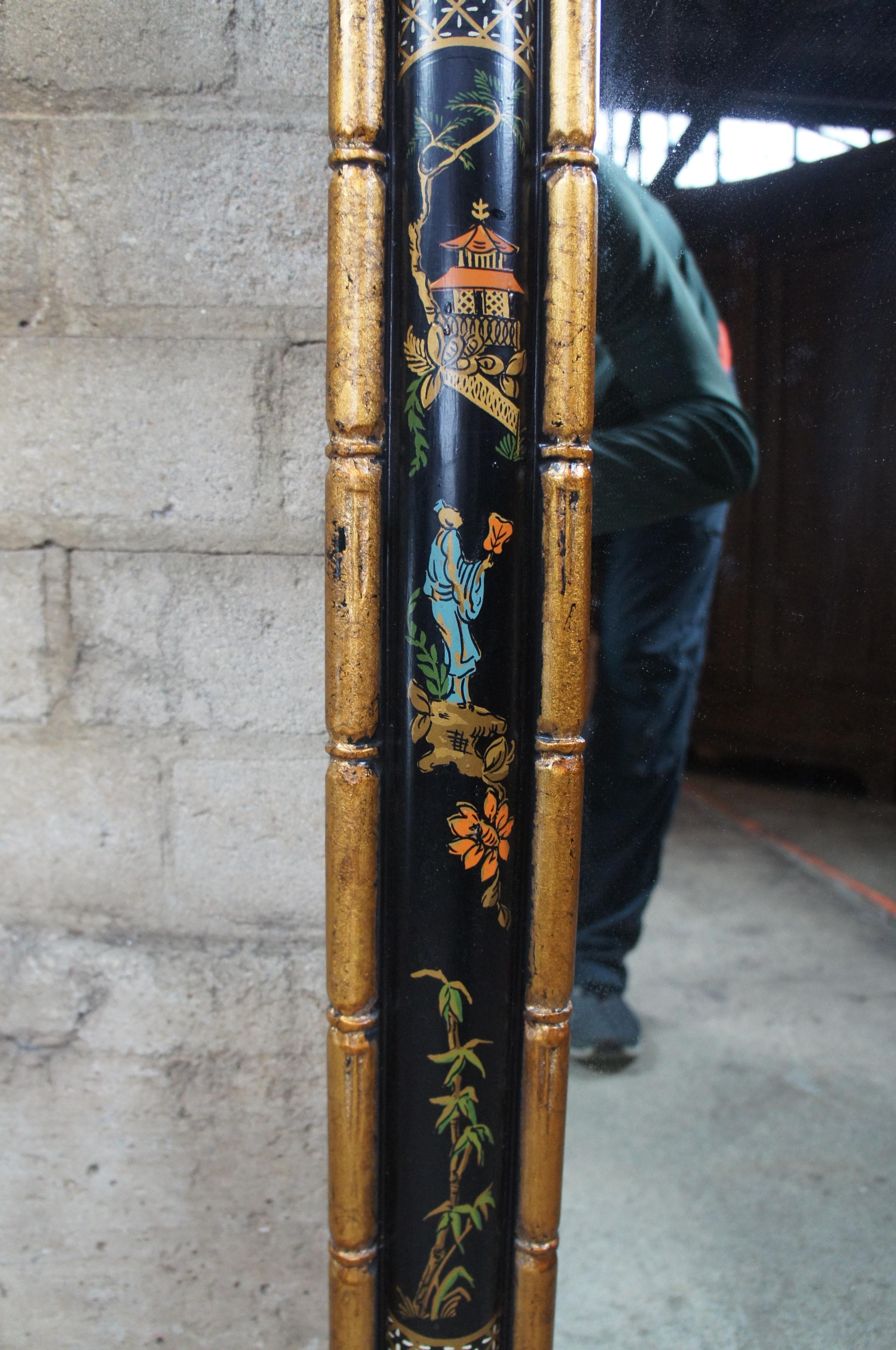Black Lacquer and Faux Bamboo Chinoiserie Pagoda Mirror Hollywood Regency In Good Condition In Dayton, OH