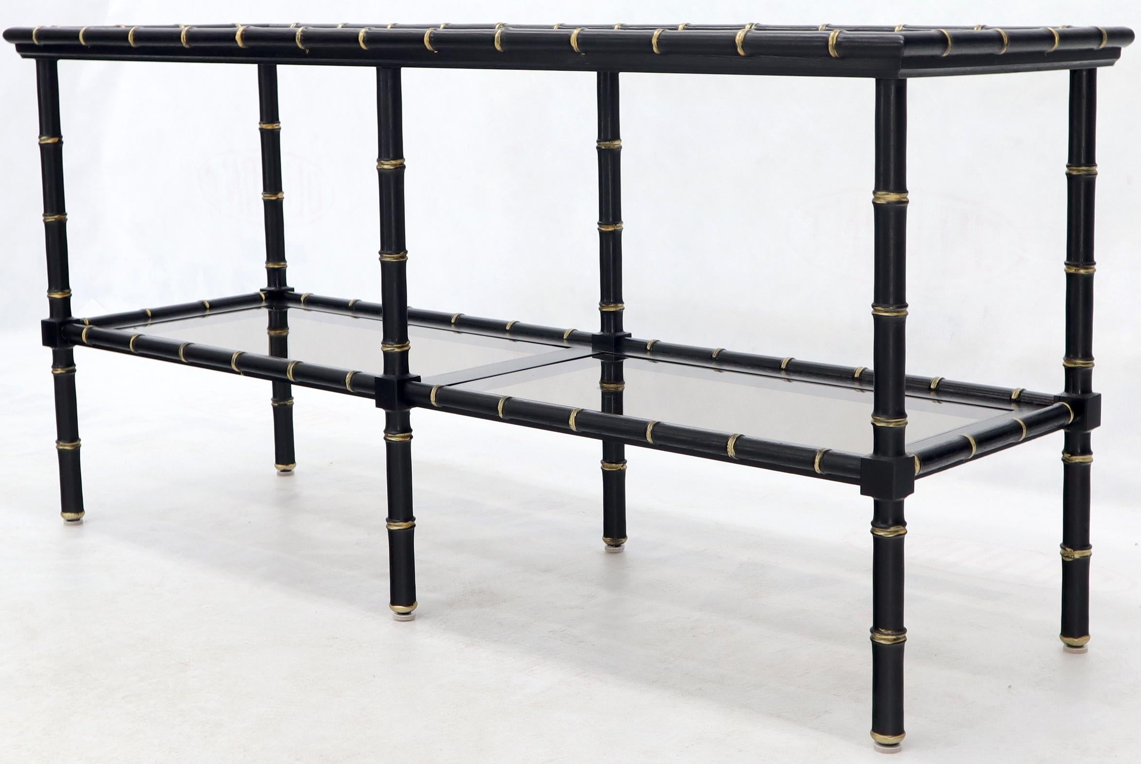 Black Lacquer Faux Bamboo Gold Accents Smoked Glass Console Sofa Table For Sale 1