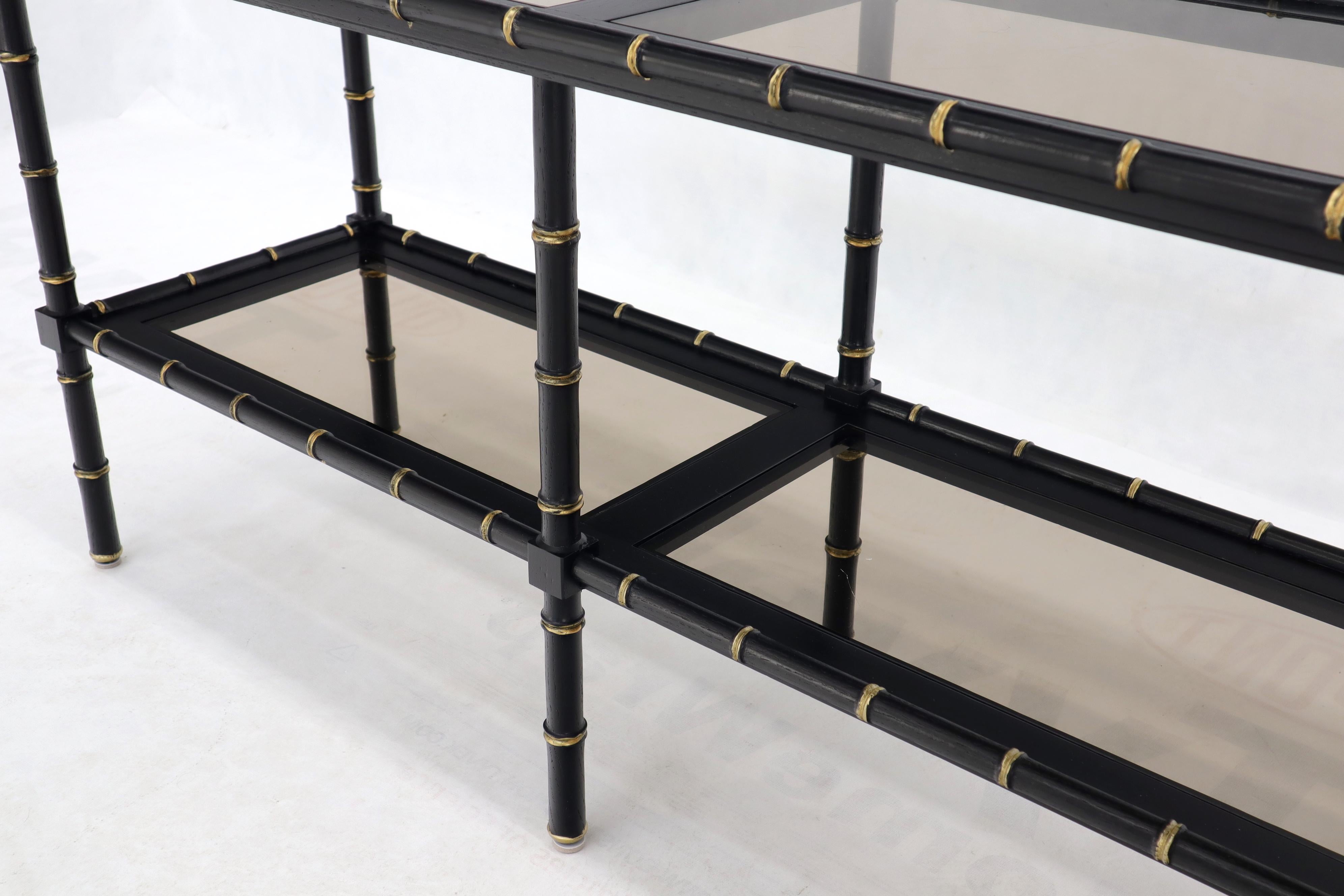 Black Lacquer Faux Bamboo Gold Accents Smoked Glass Console Sofa Table For Sale 3