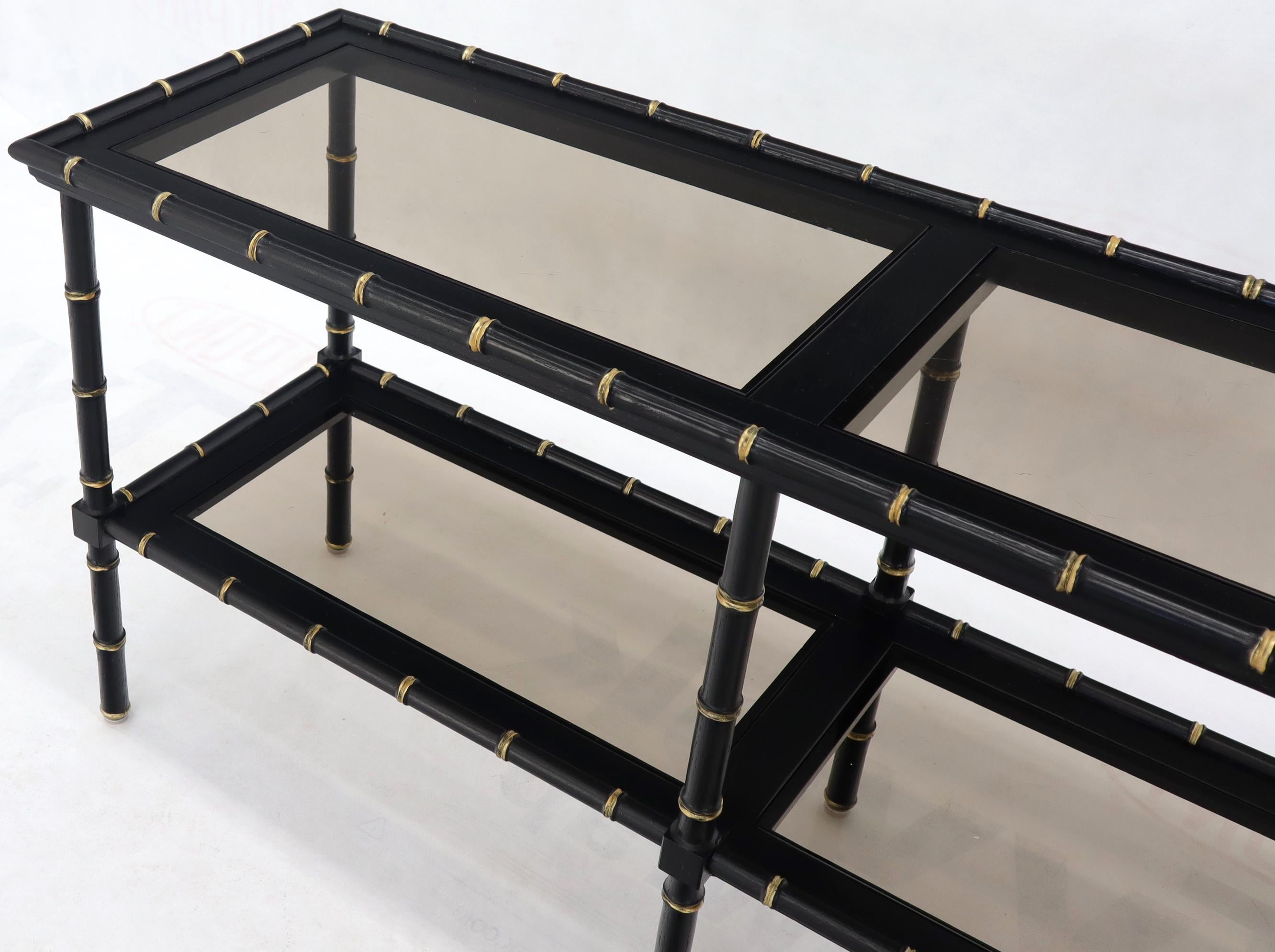 Mid-Century Modern Black Lacquer Faux Bamboo Gold Accents Smoked Glass Console Sofa Table For Sale