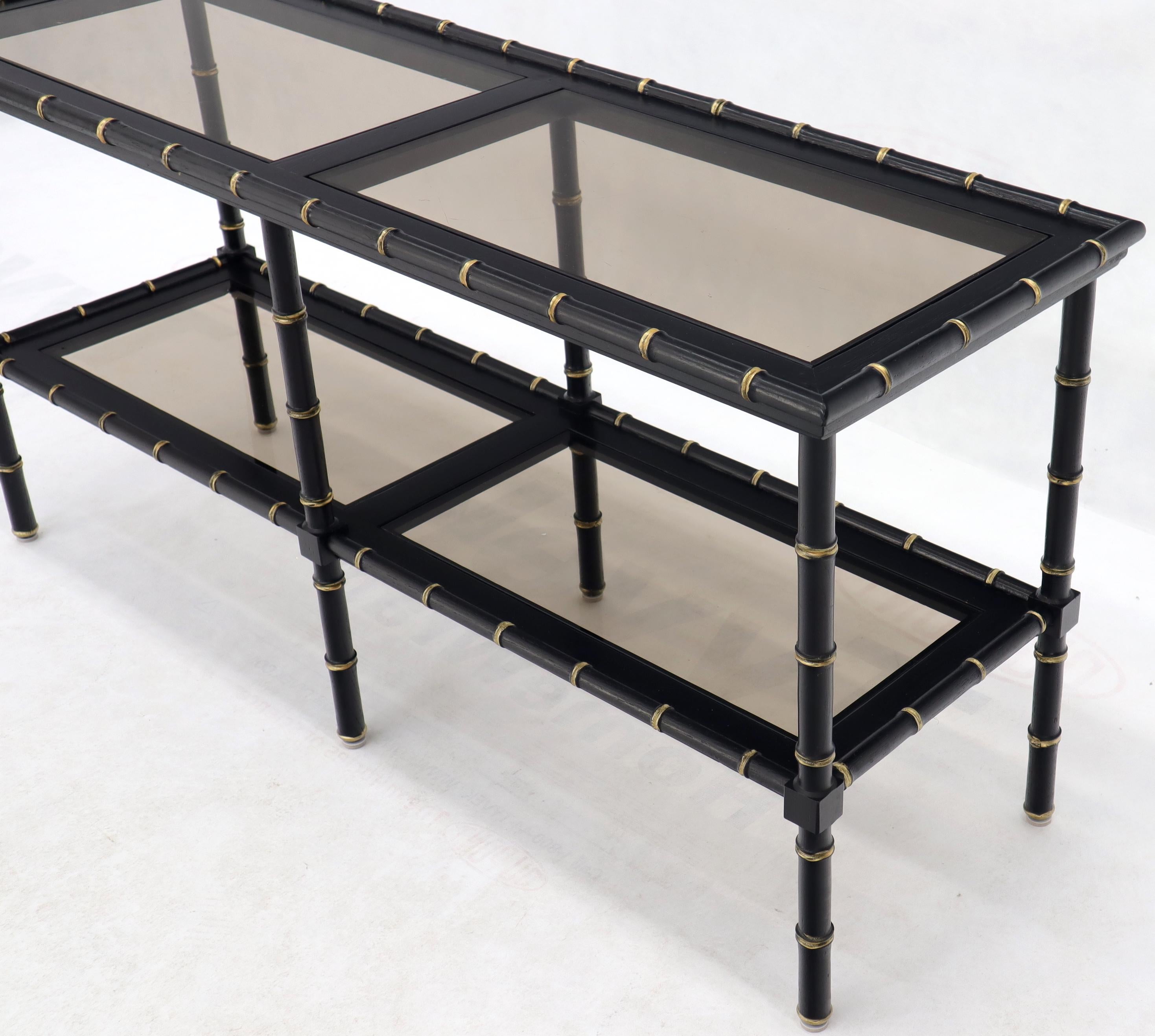 American Black Lacquer Faux Bamboo Gold Accents Smoked Glass Console Sofa Table For Sale