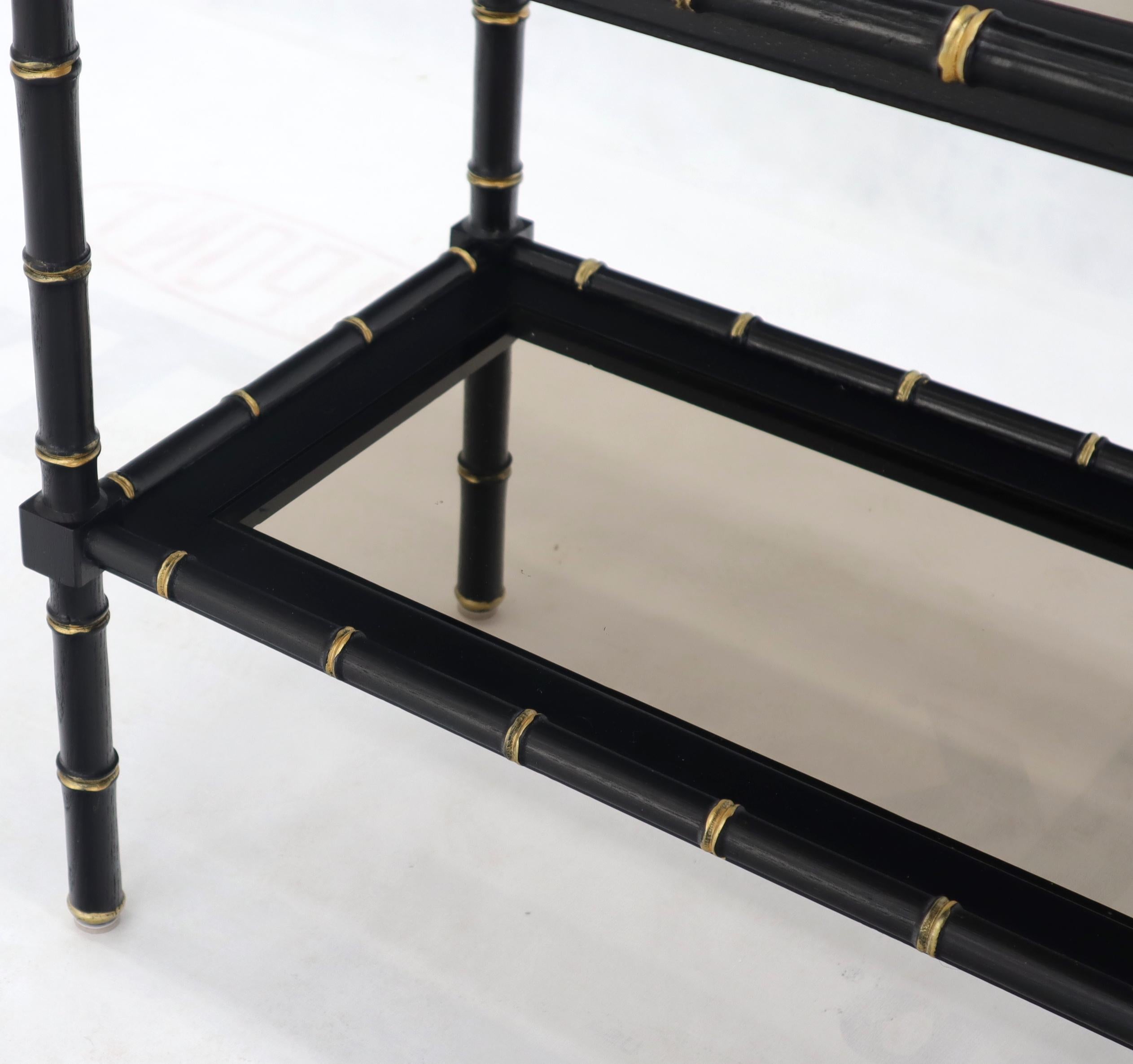 Lacquered Black Lacquer Faux Bamboo Gold Accents Smoked Glass Console Sofa Table For Sale