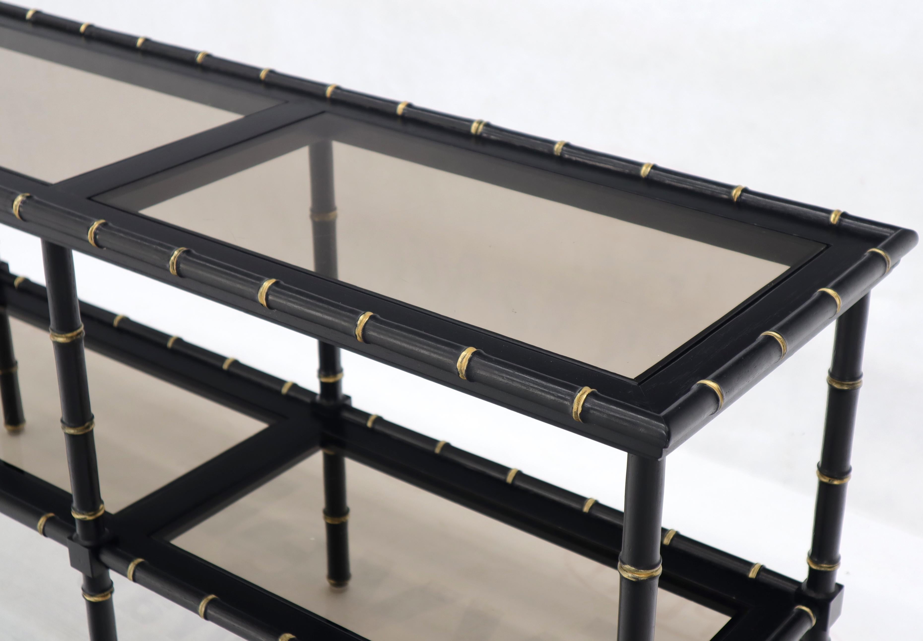 Black Lacquer Faux Bamboo Gold Accents Smoked Glass Console Sofa Table In Excellent Condition For Sale In Rockaway, NJ