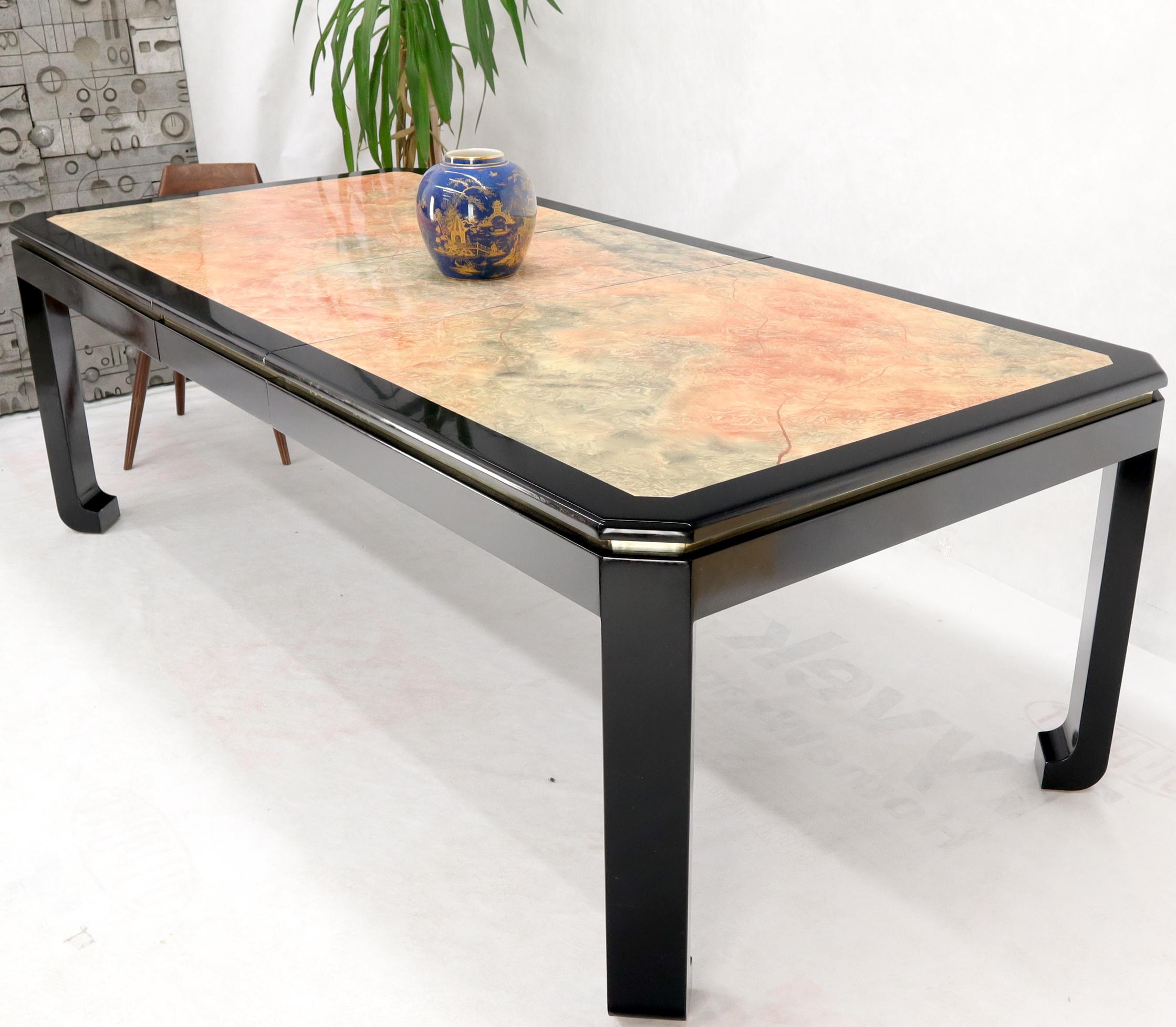 20th Century Black Lacquer Faux Stone Marble Finish Dining Table with Leave Extension Board For Sale