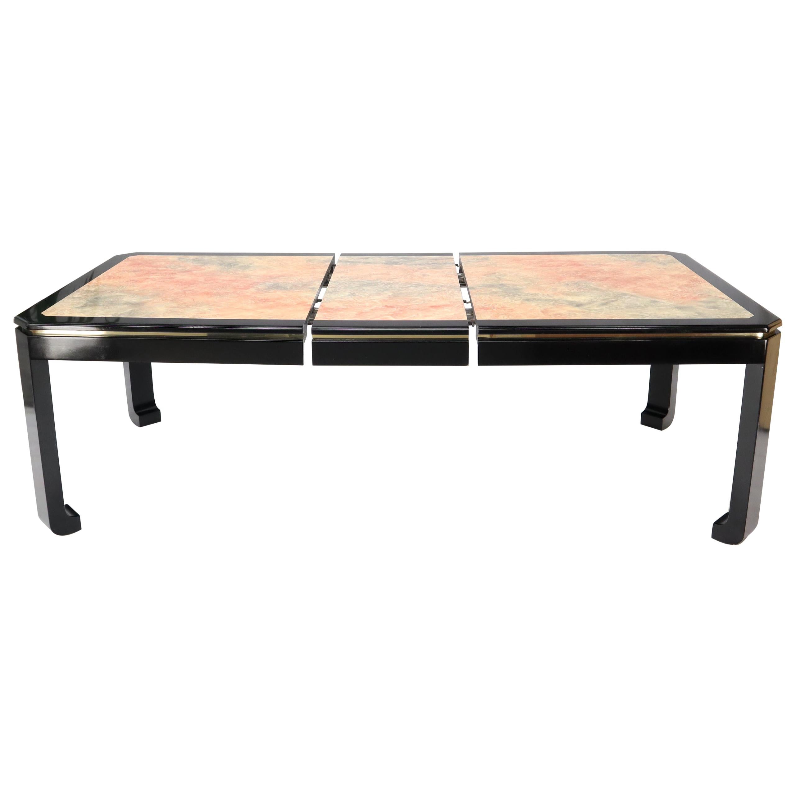 Black Lacquer Faux Stone Marble Finish Dining Table with Leave Extension Board For Sale