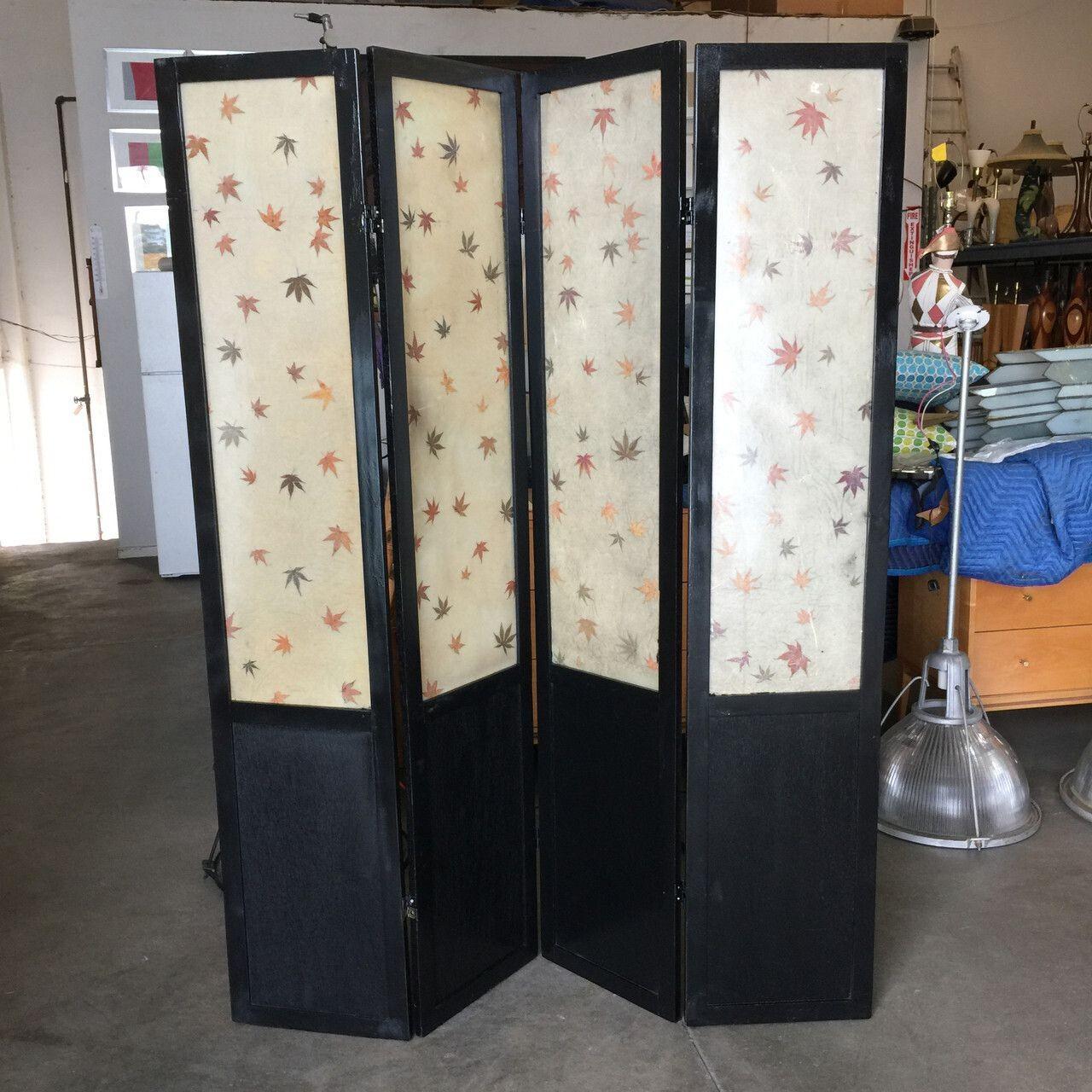 Black lacquer folding room divider screen with 4 panels each 63
