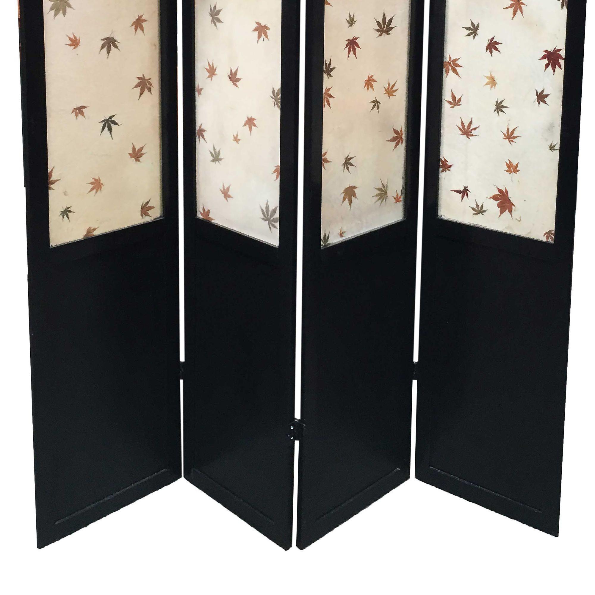 American Black Lacquer Folding Screen w/ Fiberglass Maple Leaf Inserts For Sale
